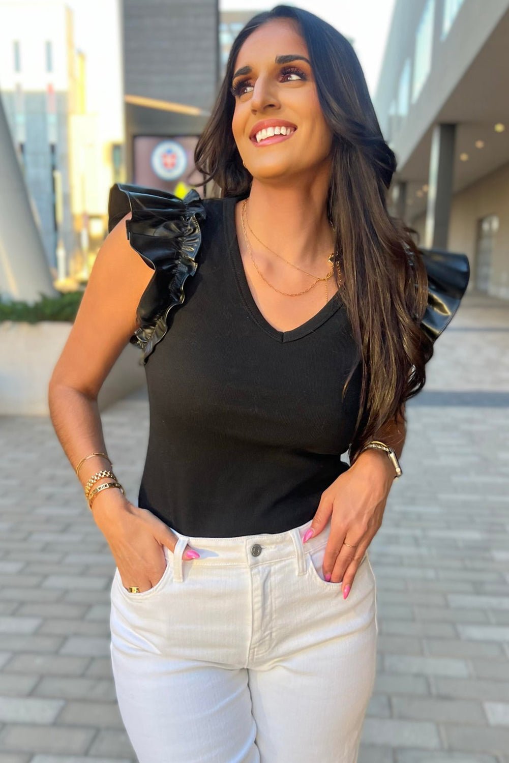 Black Leatherette Ruffle Patchwork Ribbed V Neck Bodysuit - MAD RUFFI