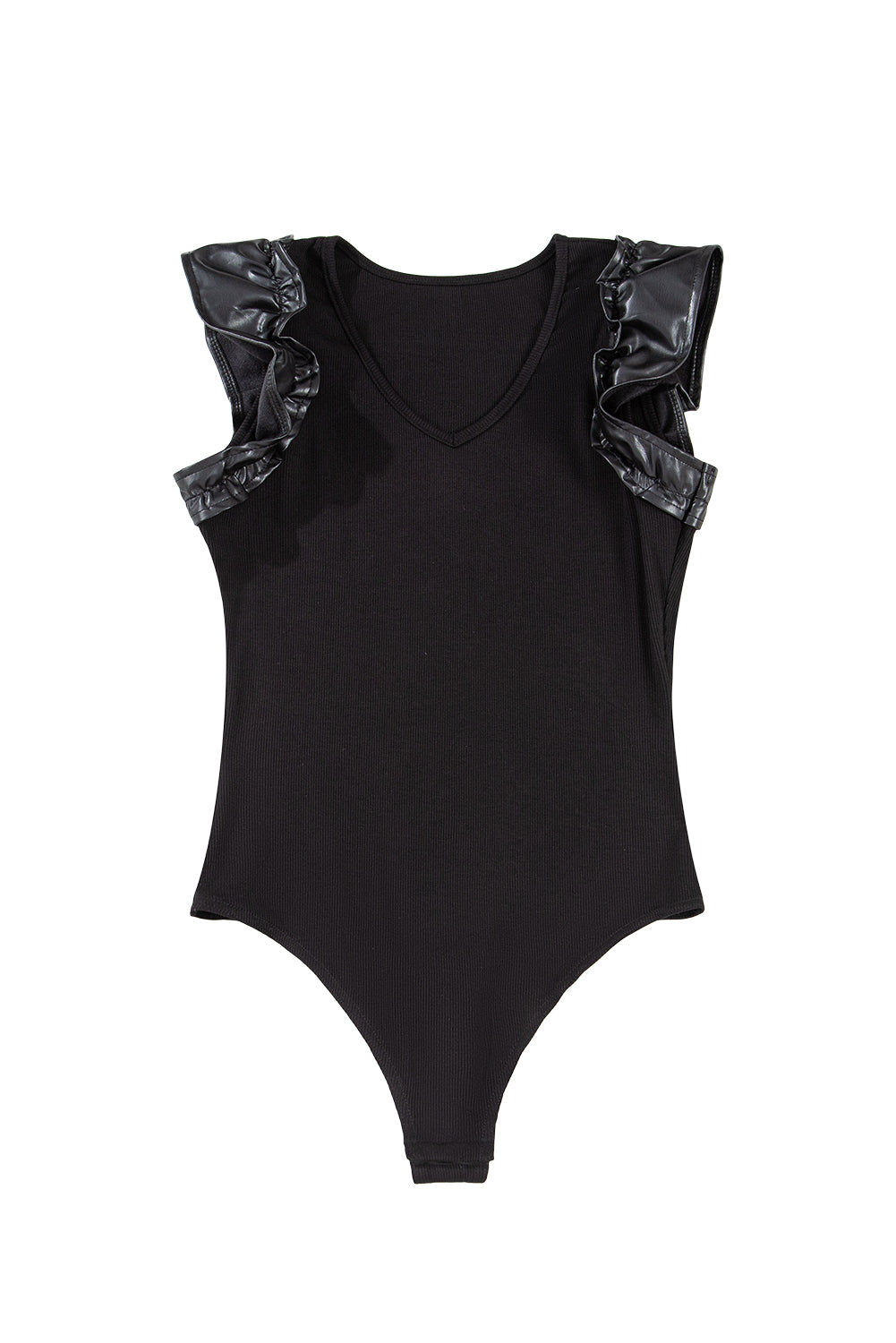 Black Leatherette Ruffle Patchwork Ribbed V Neck Bodysuit - Bodysuit