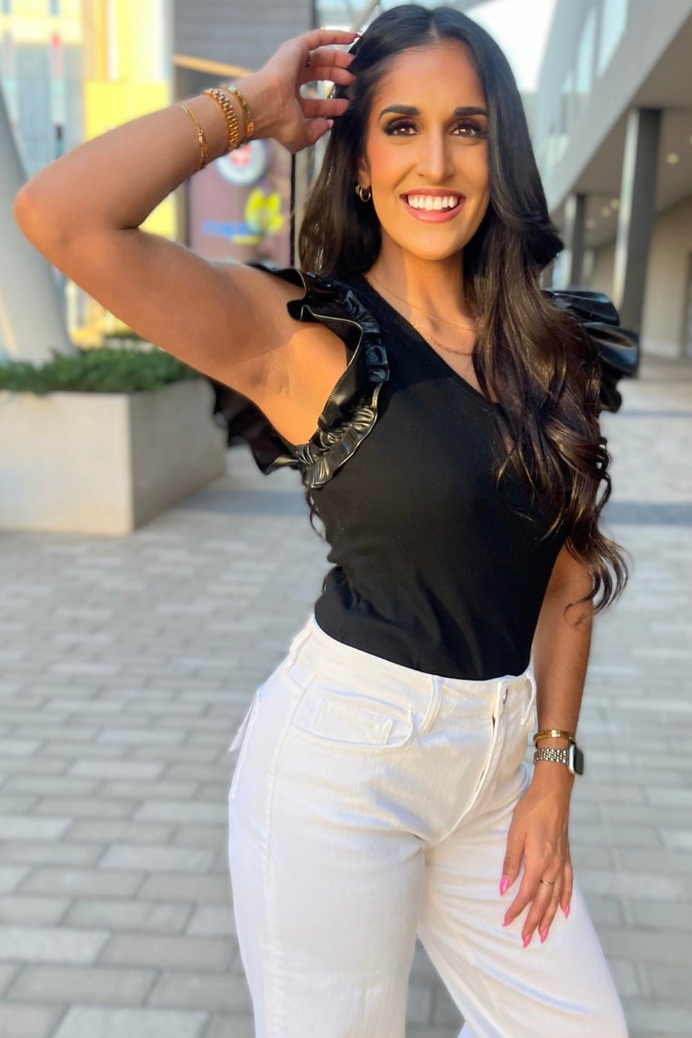 Black Leatherette Ruffle Patchwork Ribbed V Neck Bodysuit - MAD RUFFI