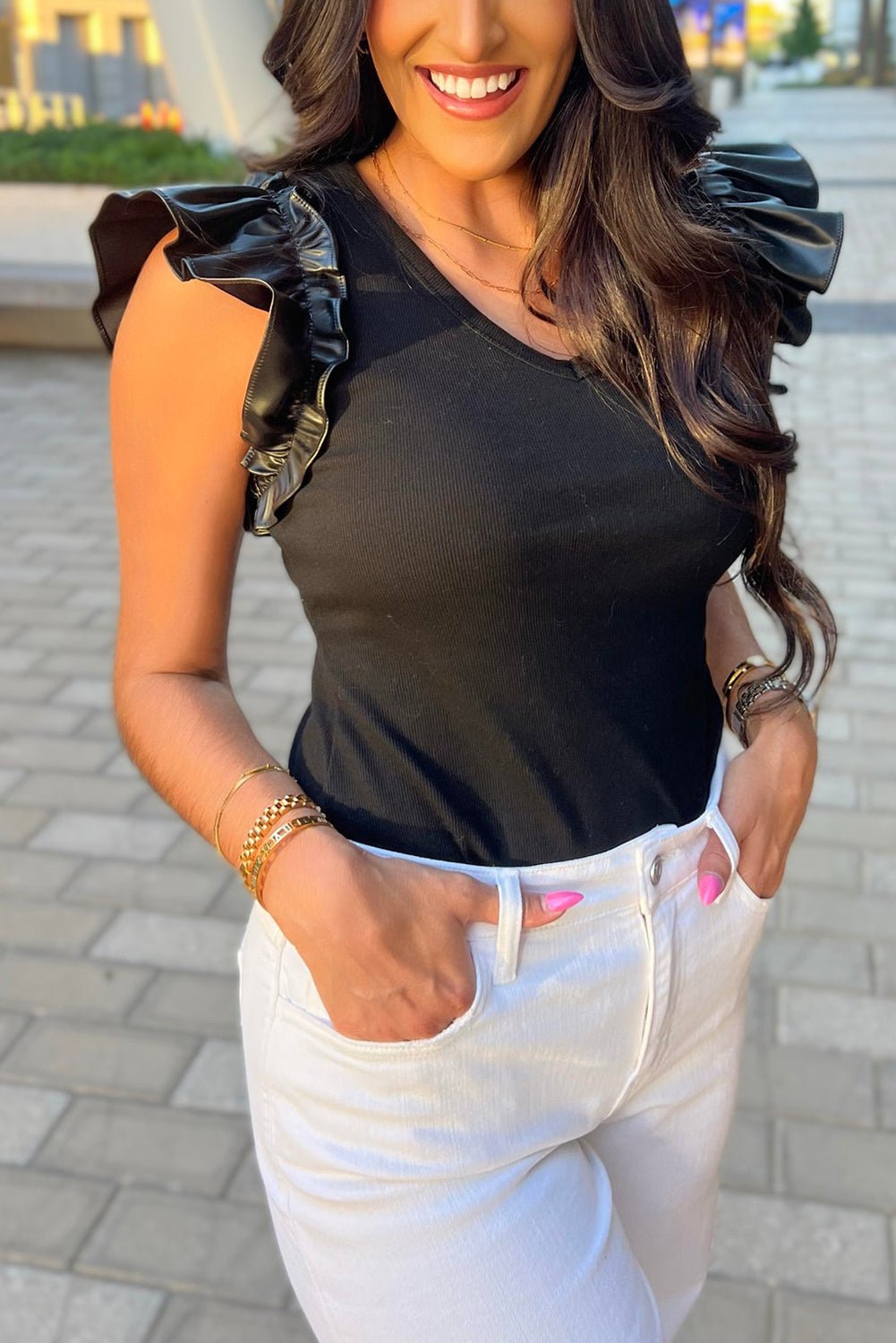 Black Leatherette Ruffle Patchwork Ribbed V Neck Bodysuit - MAD RUFFI