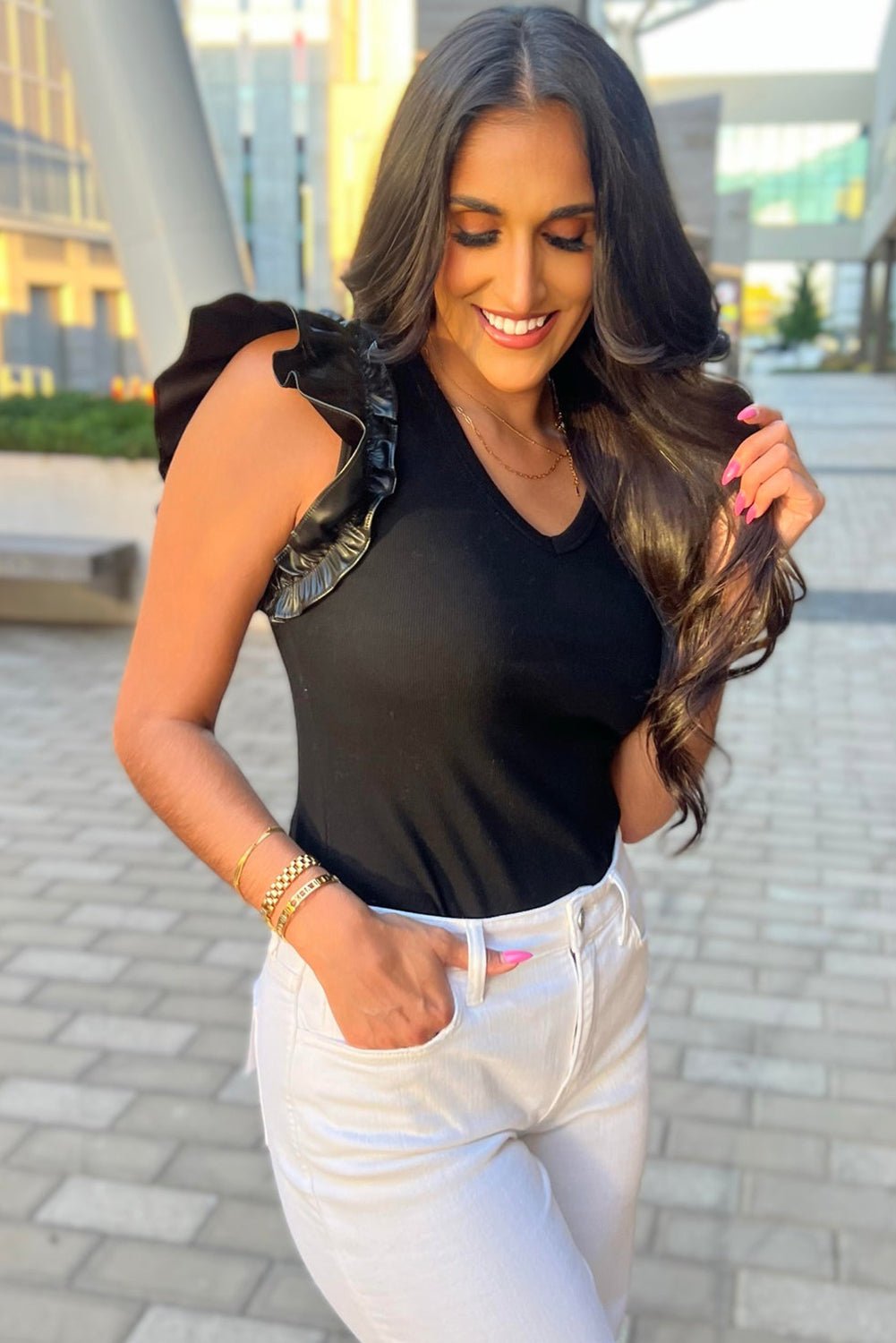 Black Leatherette Ruffle Patchwork Ribbed V Neck Bodysuit - MAD RUFFI