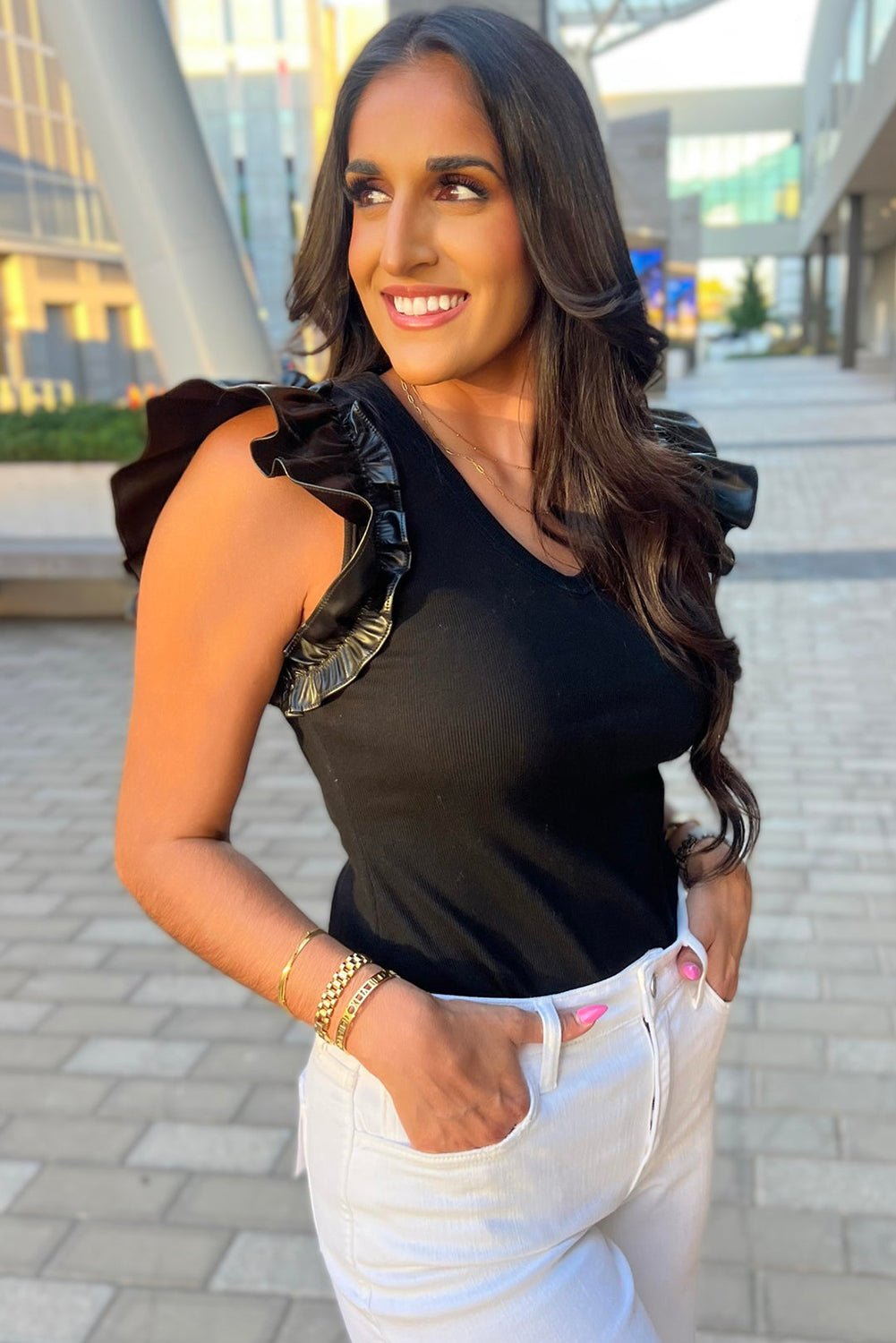 Black Leatherette Ruffle Patchwork Ribbed V Neck Bodysuit - MAD RUFFI