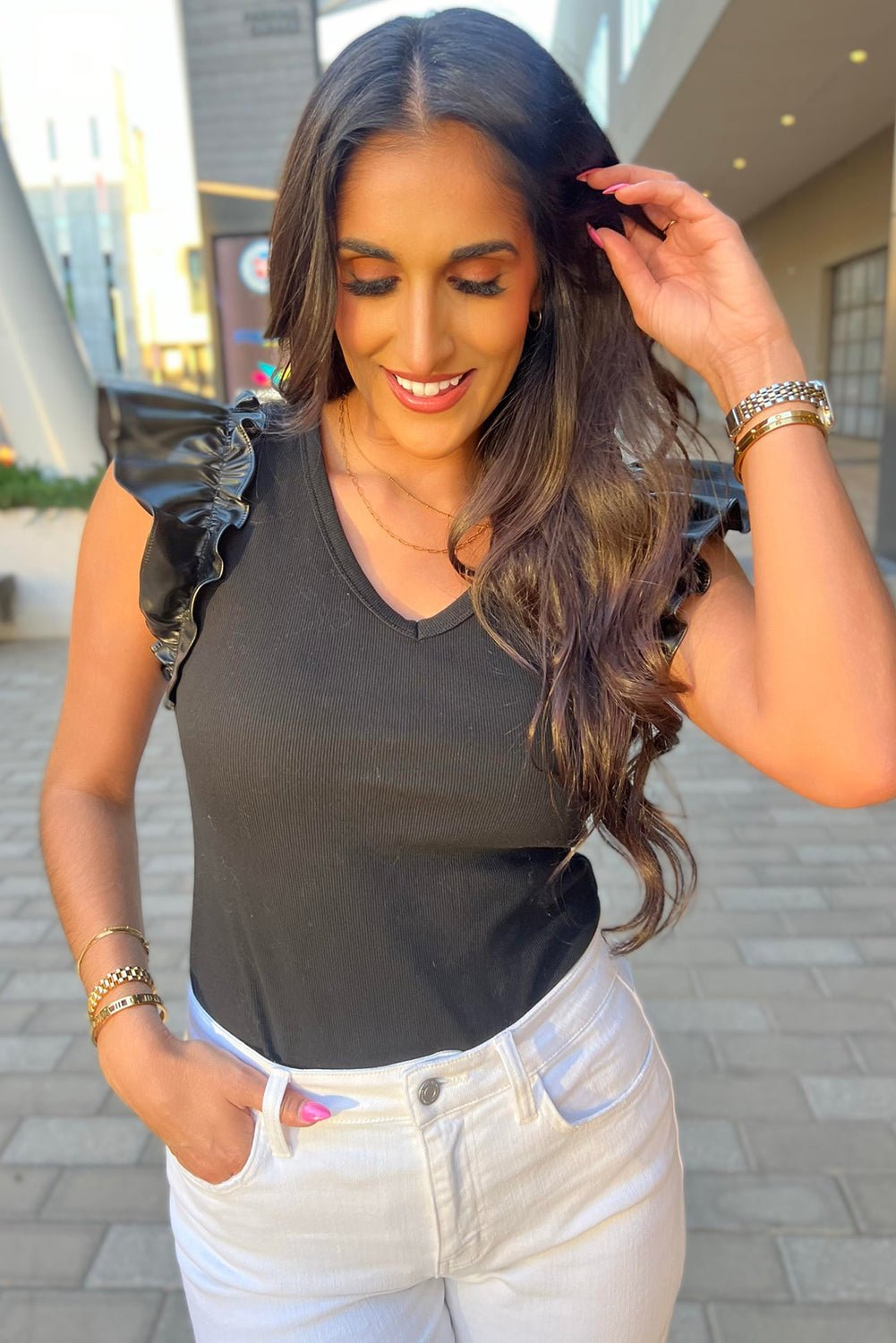 Black Leatherette Ruffle Patchwork Ribbed V Neck Bodysuit - MAD RUFFI