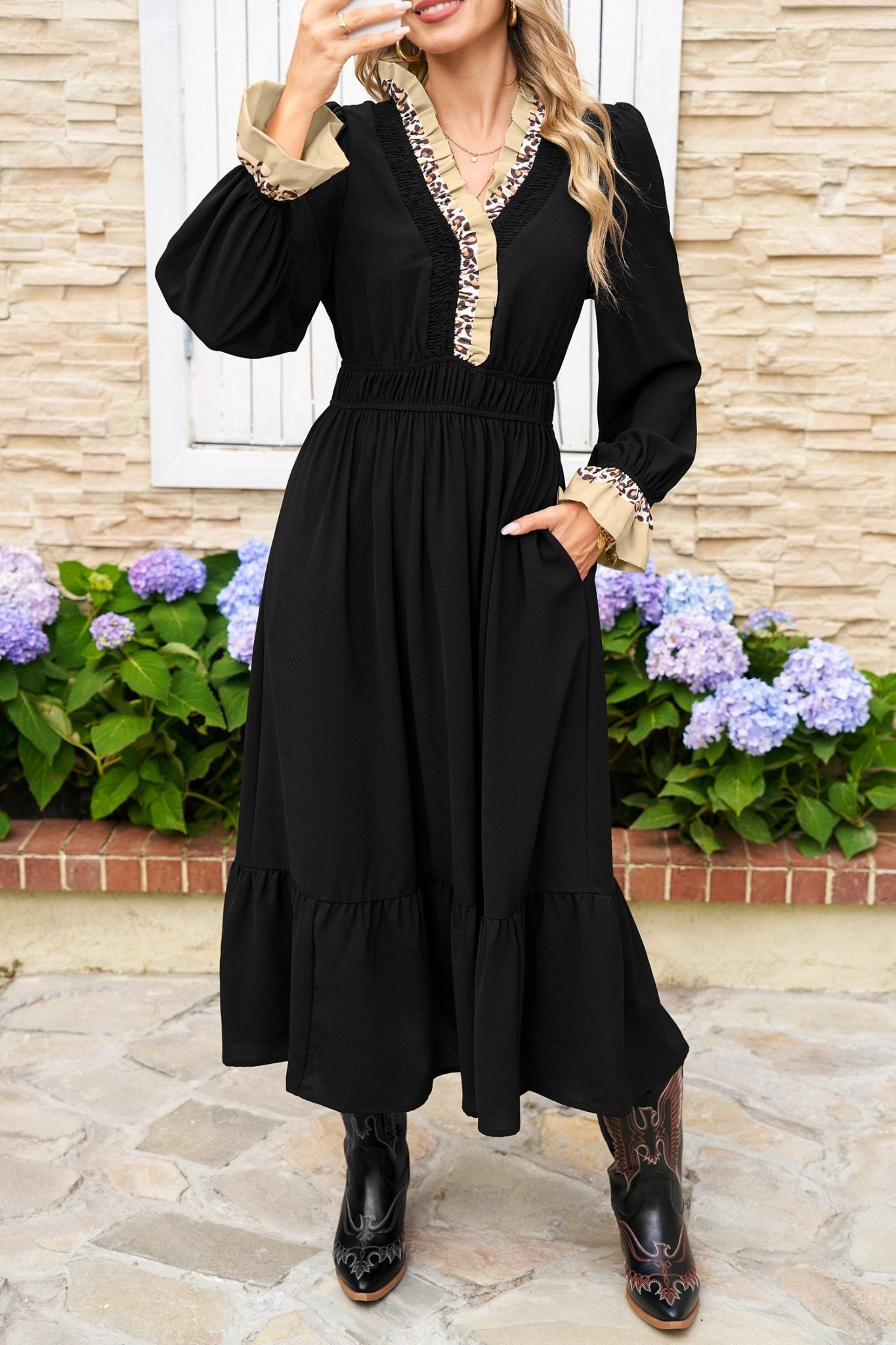 Black Leopard Contrast Color Ruffle Bracelet Sleeve Midi Dress - MAD RUFFI