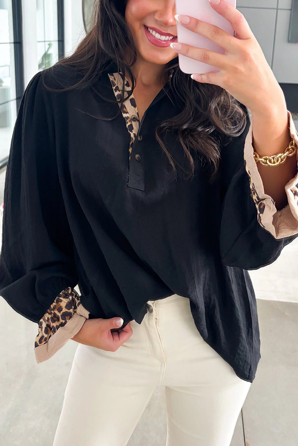 Black Leopard Contrast V Neck Long Sleeve Blouse - MAD RUFFI