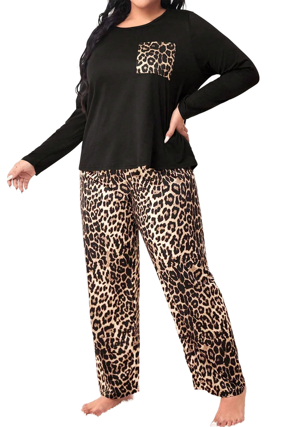 Black Leopard Patched Pocket Long Sleeve Top Plus Size Pajama Set - MAD RUFFI