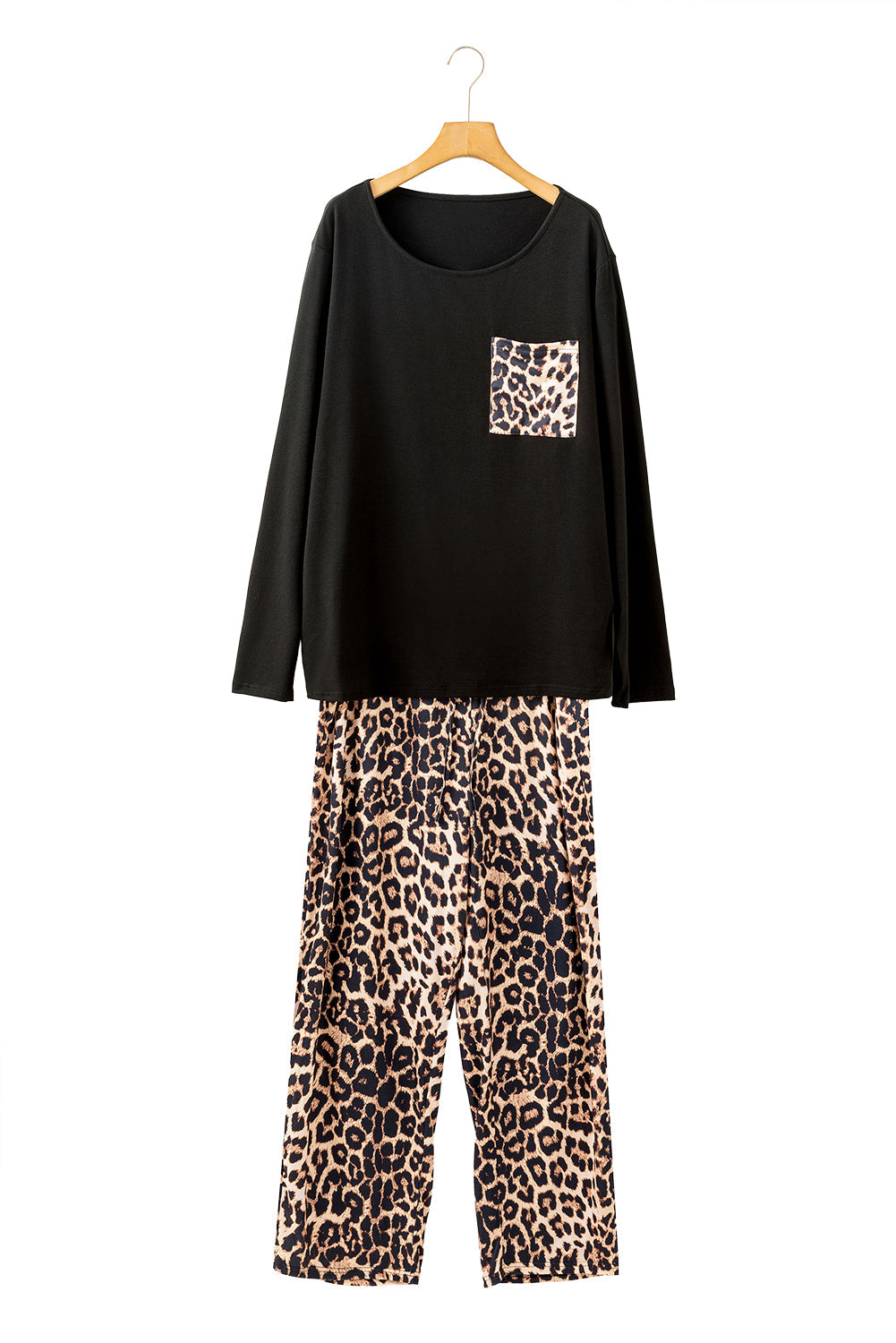 Black Leopard Patched Pocket Long Sleeve Top Plus Size Pajama Set - MAD RUFFI