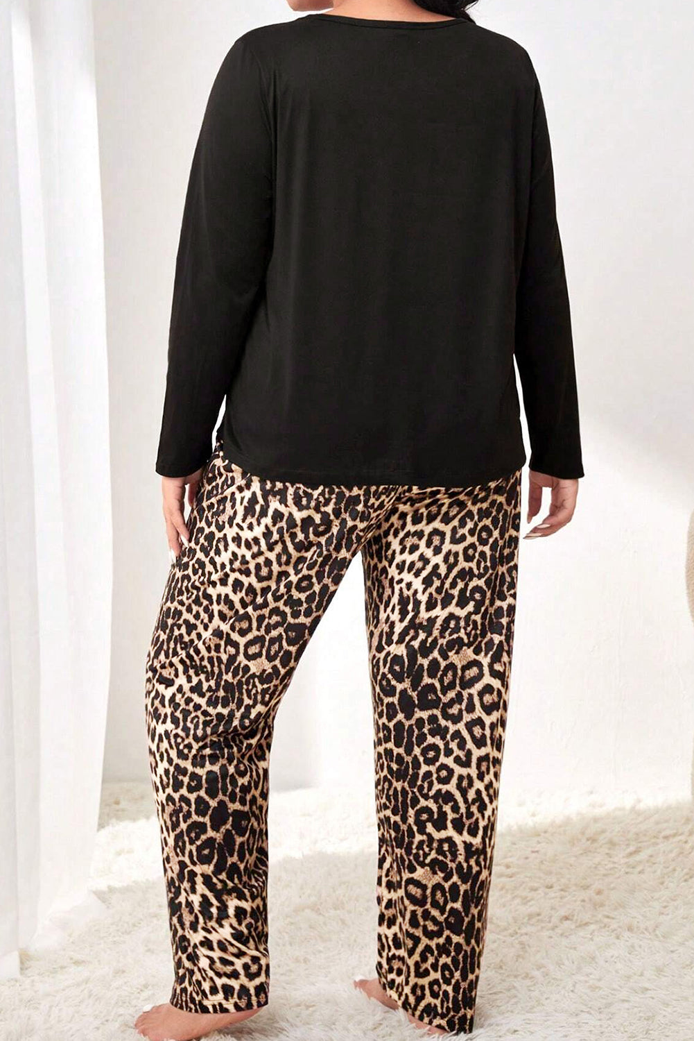 Black Leopard Patched Pocket Long Sleeve Top Plus Size Pajama Set - MAD RUFFI