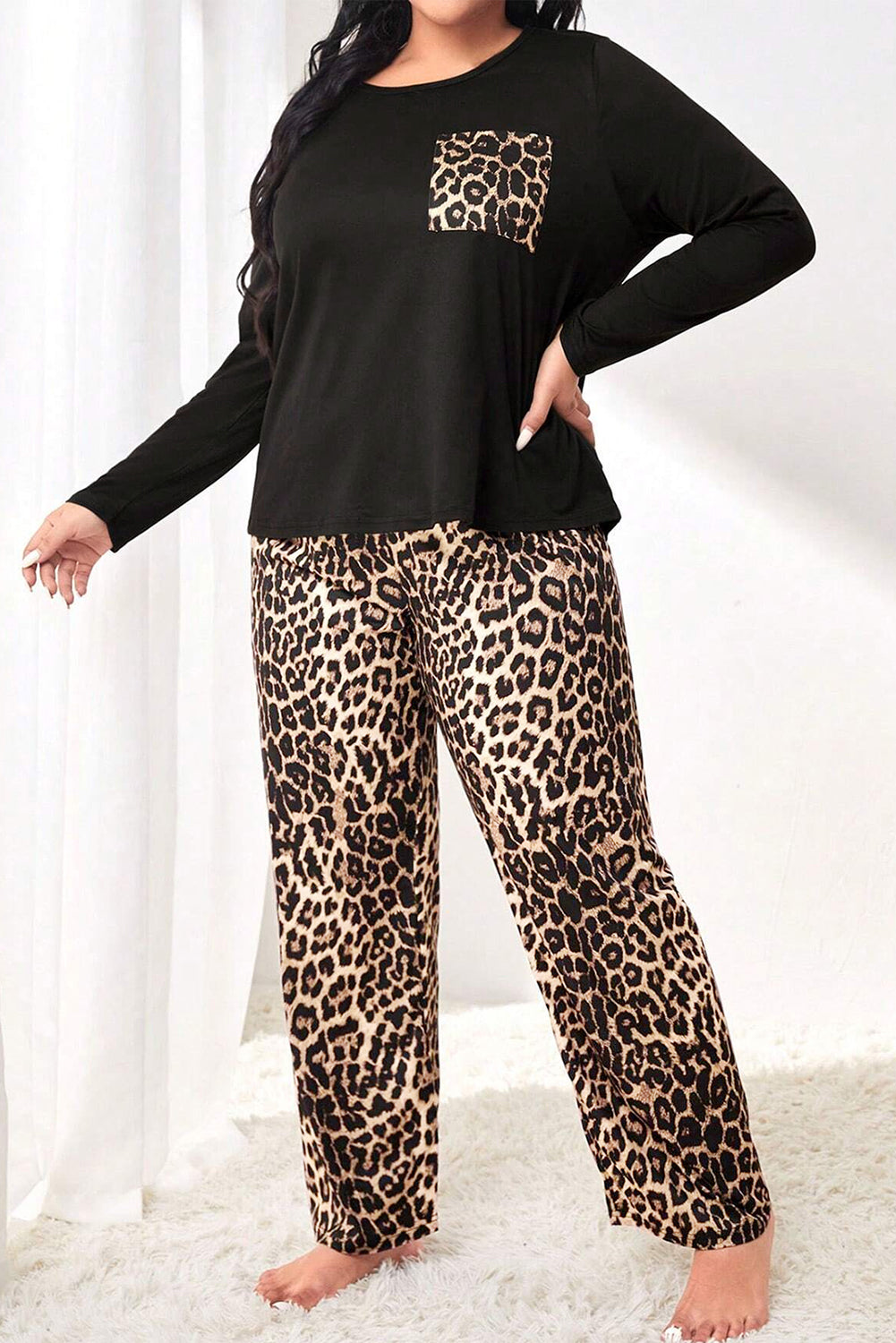 Black Leopard Patched Pocket Long Sleeve Top Plus Size Pajama Set - MAD RUFFI