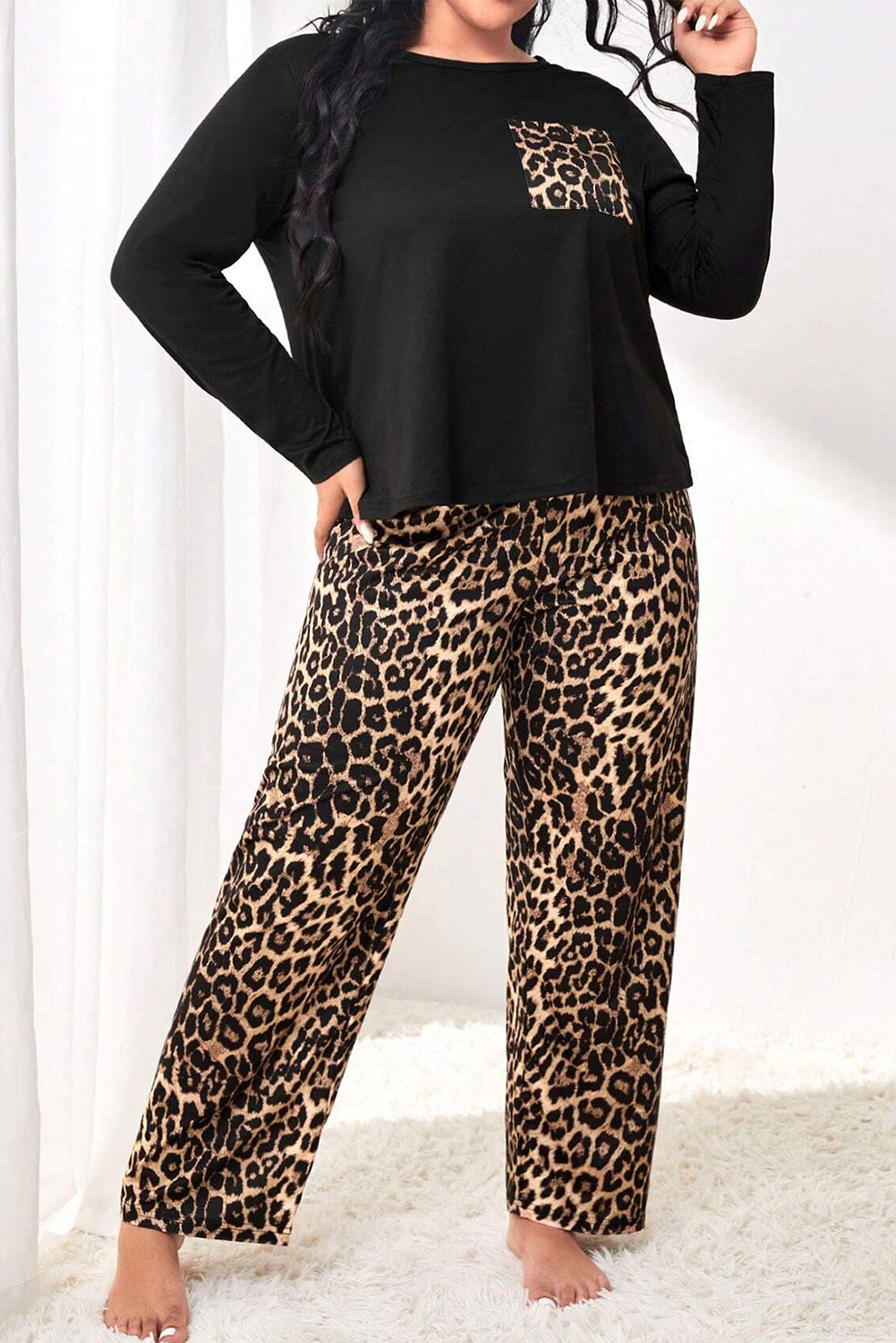 Black Leopard Patched Pocket Long Sleeve Top Plus Size Pajama Set - MAD RUFFI