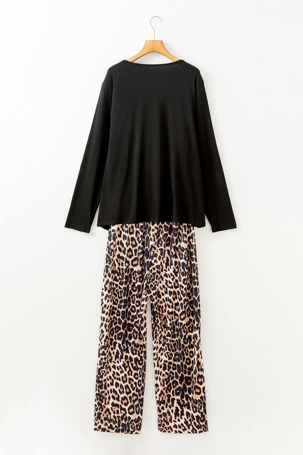 Black Leopard Patched Pocket Long Sleeve Top Plus Size Pajama Set - MAD RUFFI