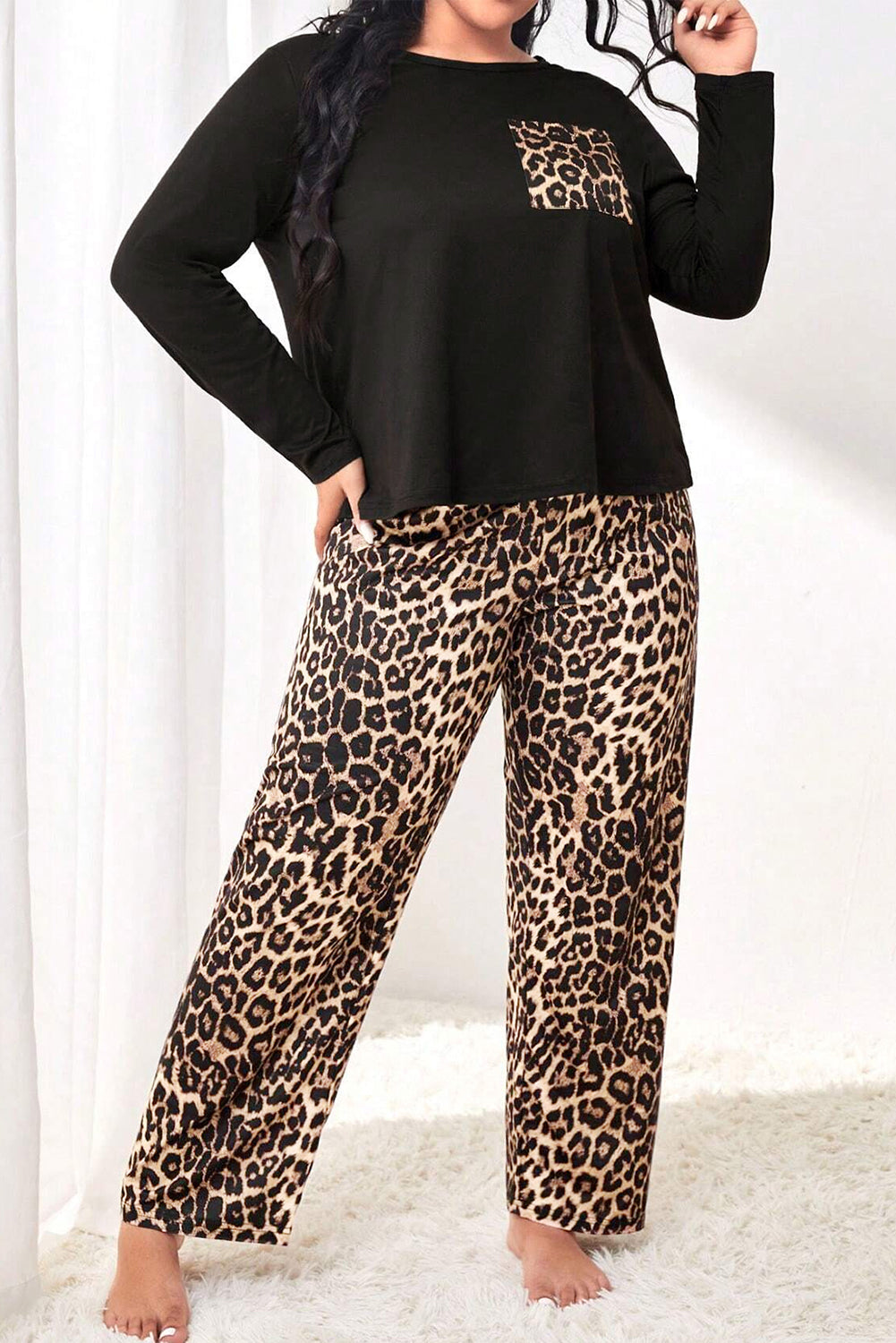 Black Leopard Patched Pocket Long Sleeve Top Plus Size Pajama Set - MAD RUFFI