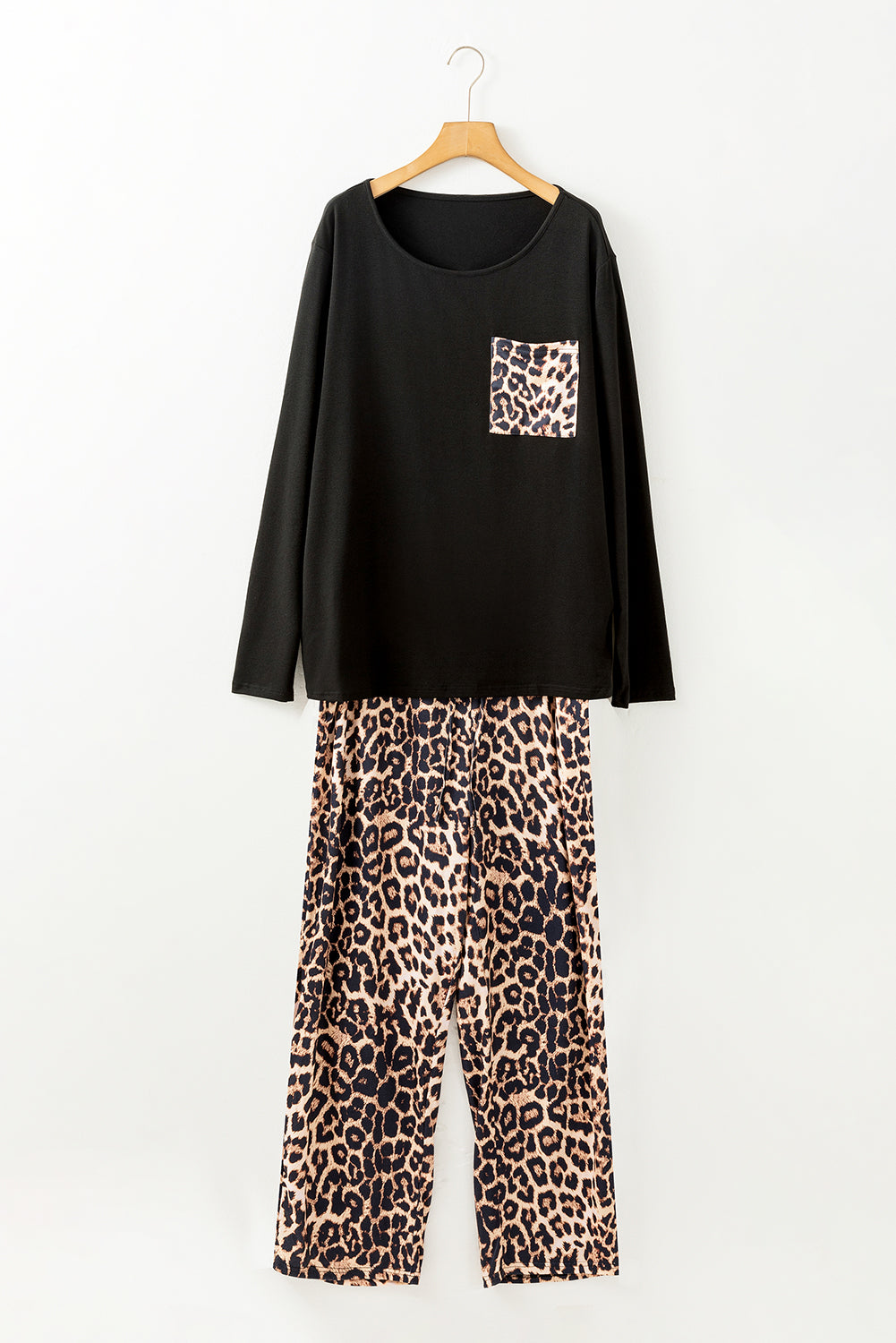 Black Leopard Patched Pocket Long Sleeve Top Plus Size Pajama Set - MAD RUFFI