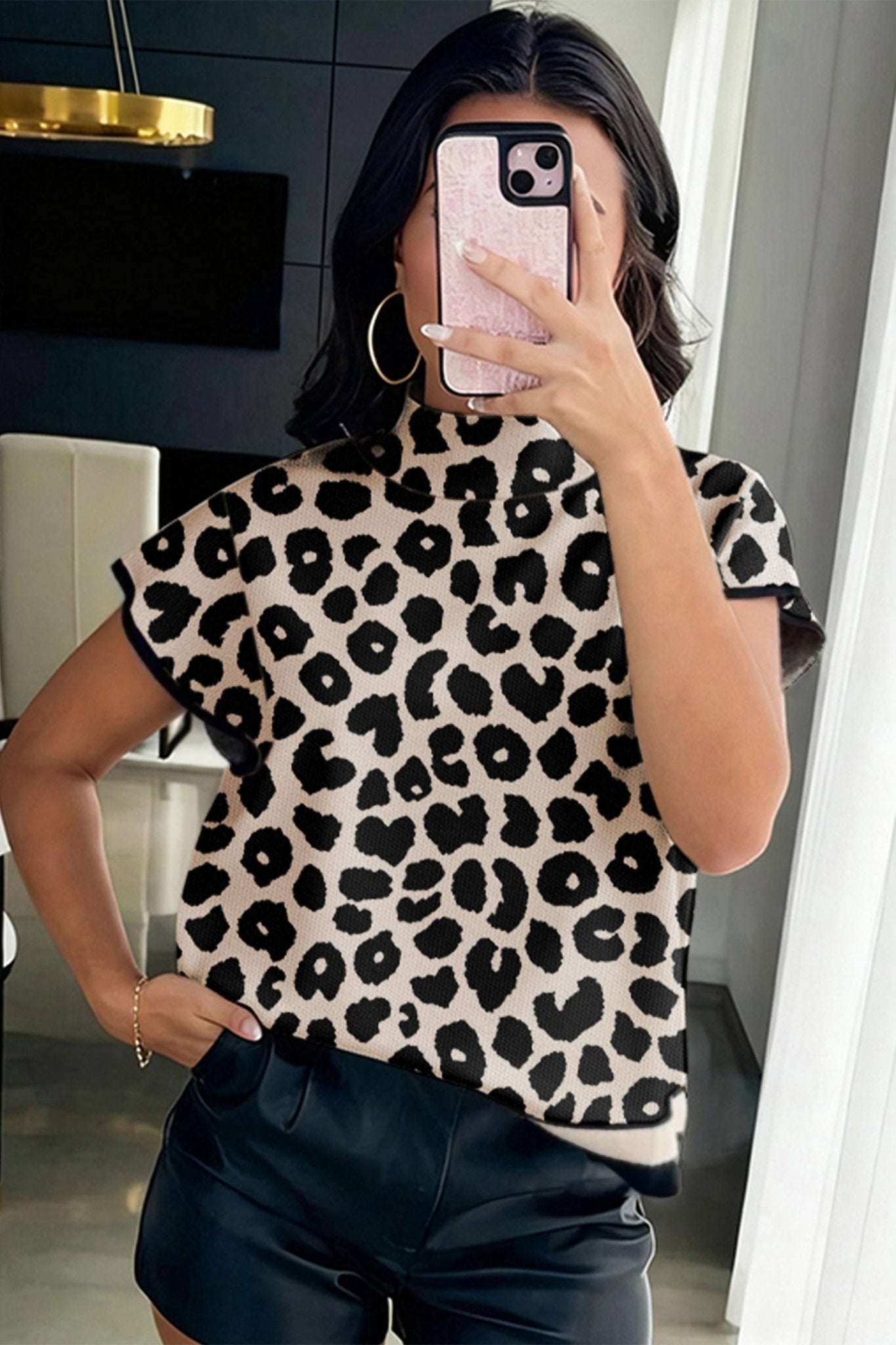 Black Leopard Print High Neck Short Sleeve Sweater - MAD RUFFI