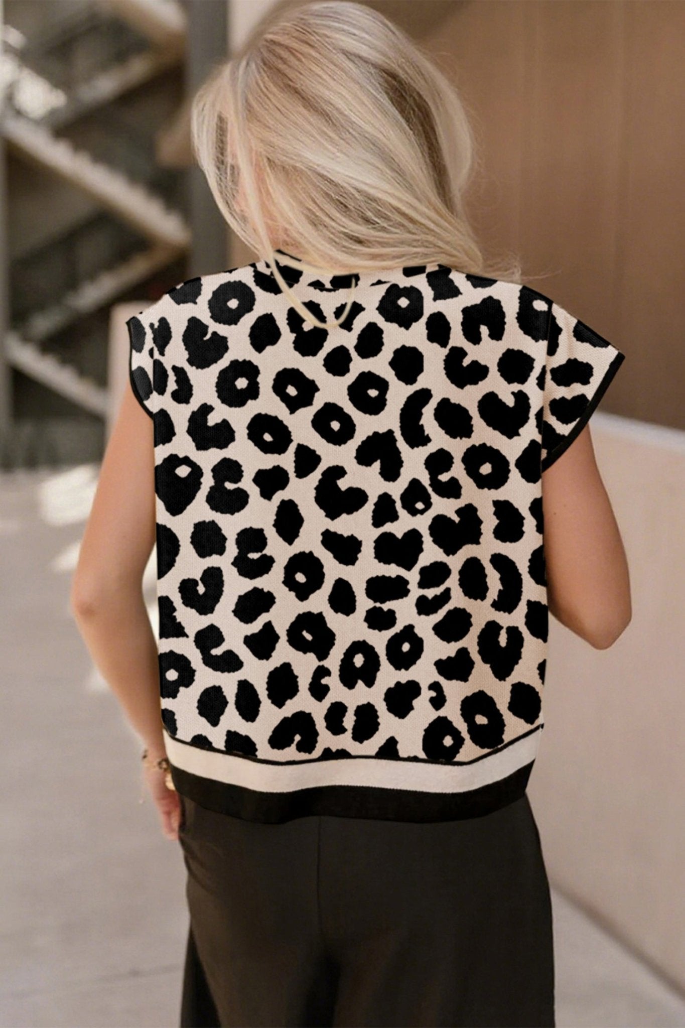 Black Leopard Print High Neck Short Sleeve Sweater - MAD RUFFI