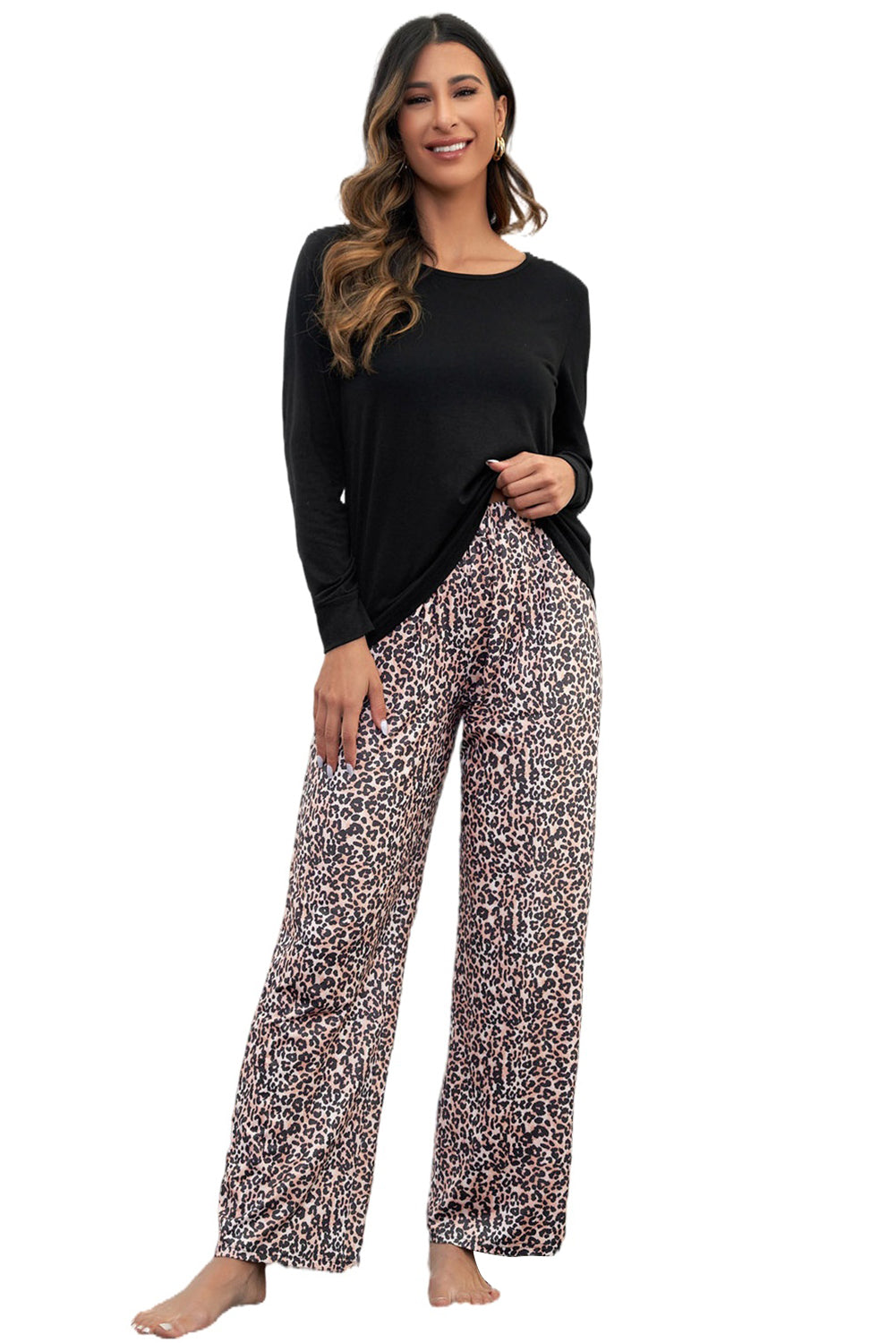 Black Leopard Print High Waist Graphic Pajama Set - MAD RUFFI