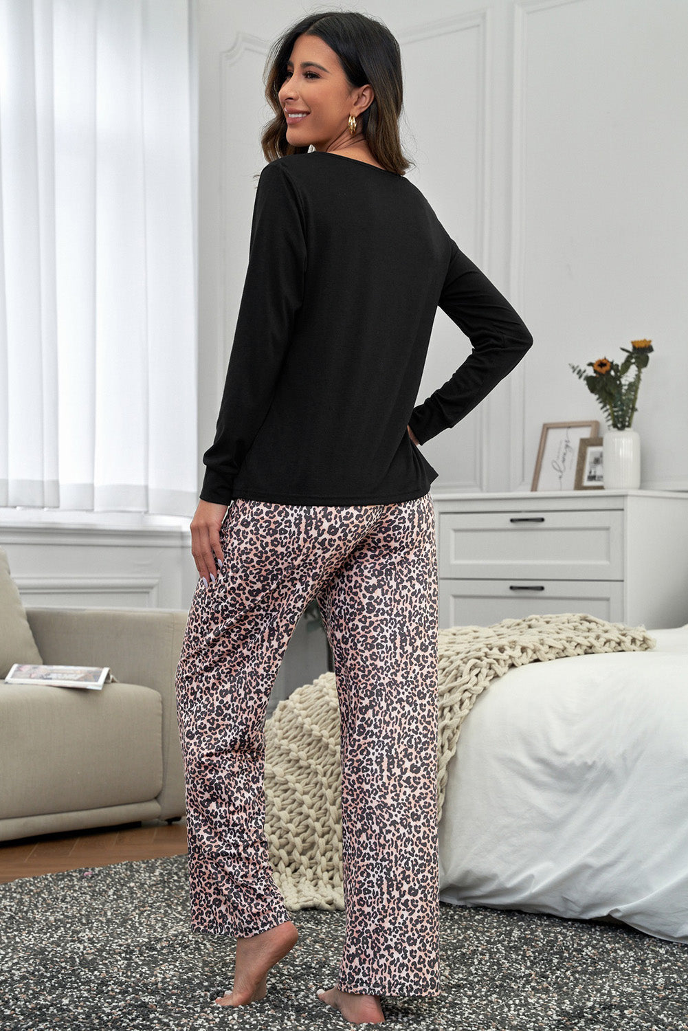 Black Leopard Print High Waist Graphic Pajama Set - MAD RUFFI