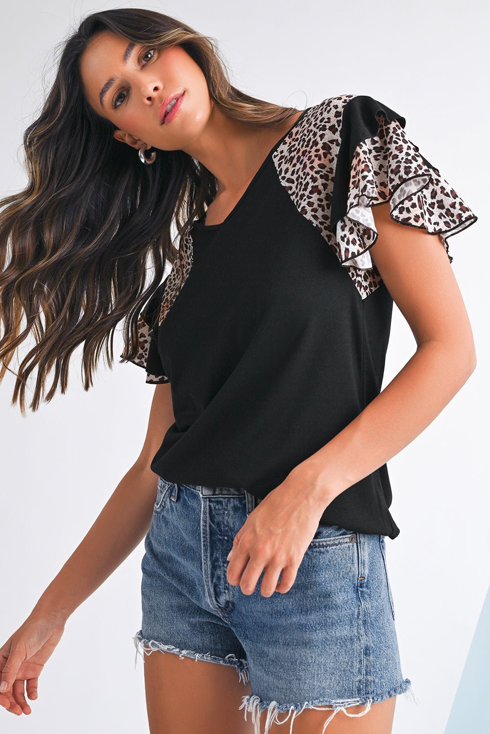 Black Leopard Print Patchwork Ruffle Sleeve V Neck Top - MAD RUFFI