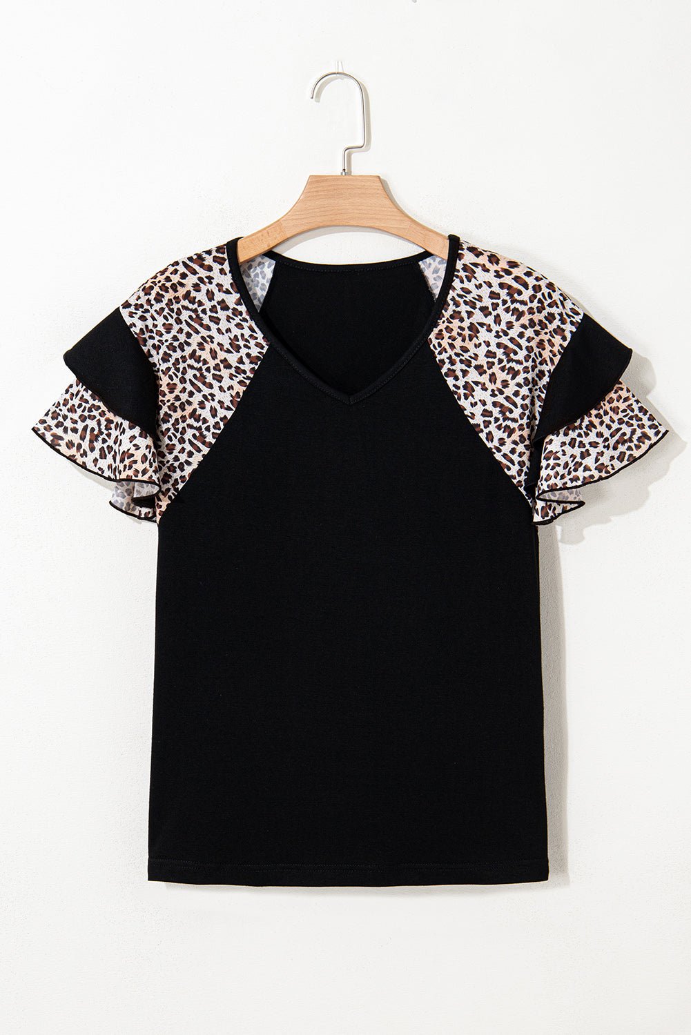 Black Leopard Print Patchwork Ruffle Sleeve V Neck Top - MAD RUFFI