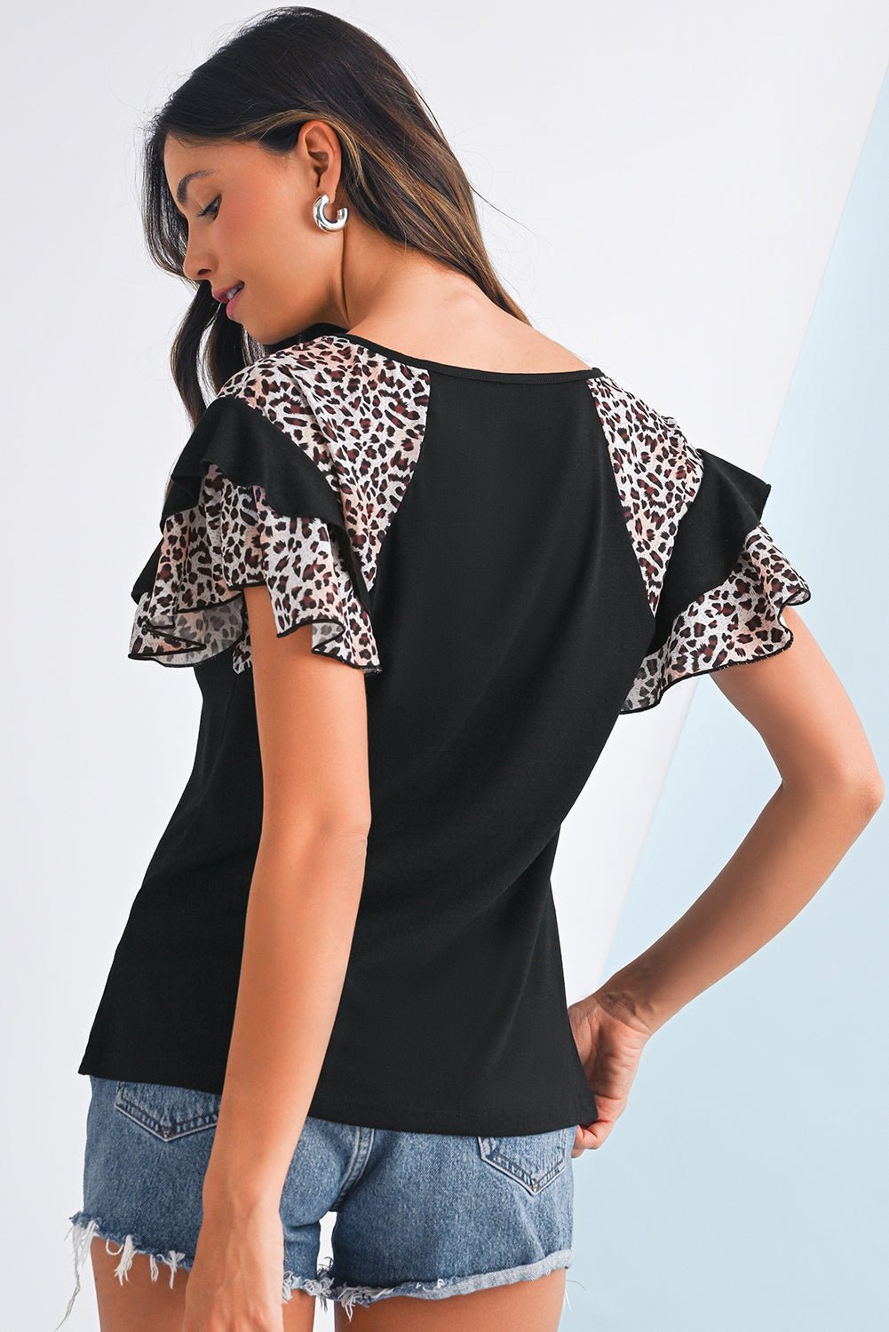 Black Leopard Print Patchwork Ruffle Sleeve V Neck Top - MAD RUFFI