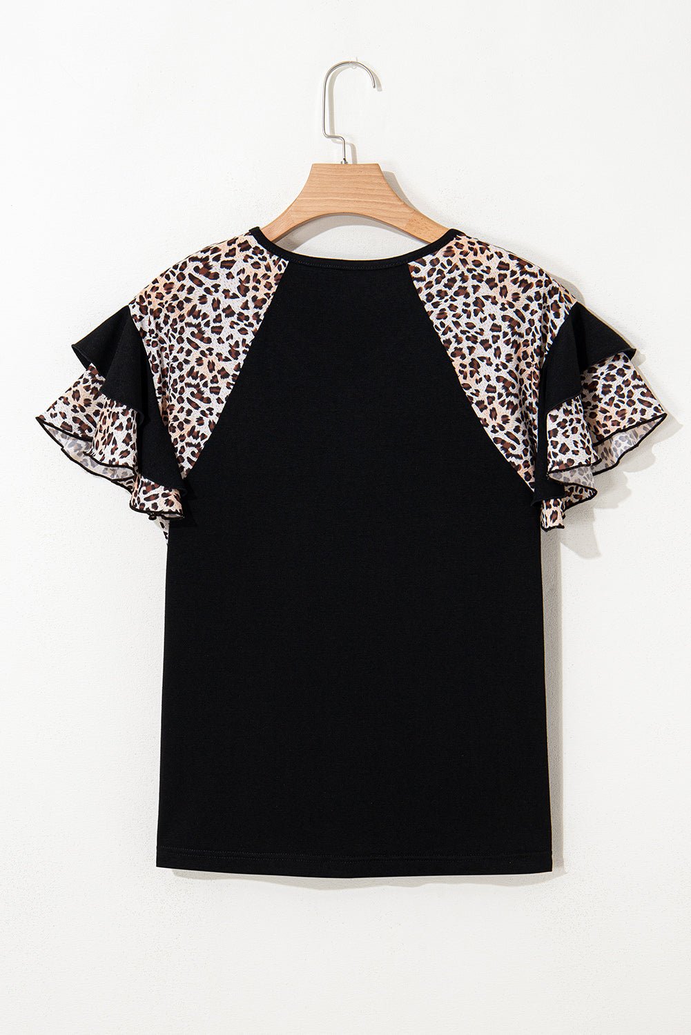 Black Leopard Print Patchwork Ruffle Sleeve V Neck Top - MAD RUFFI