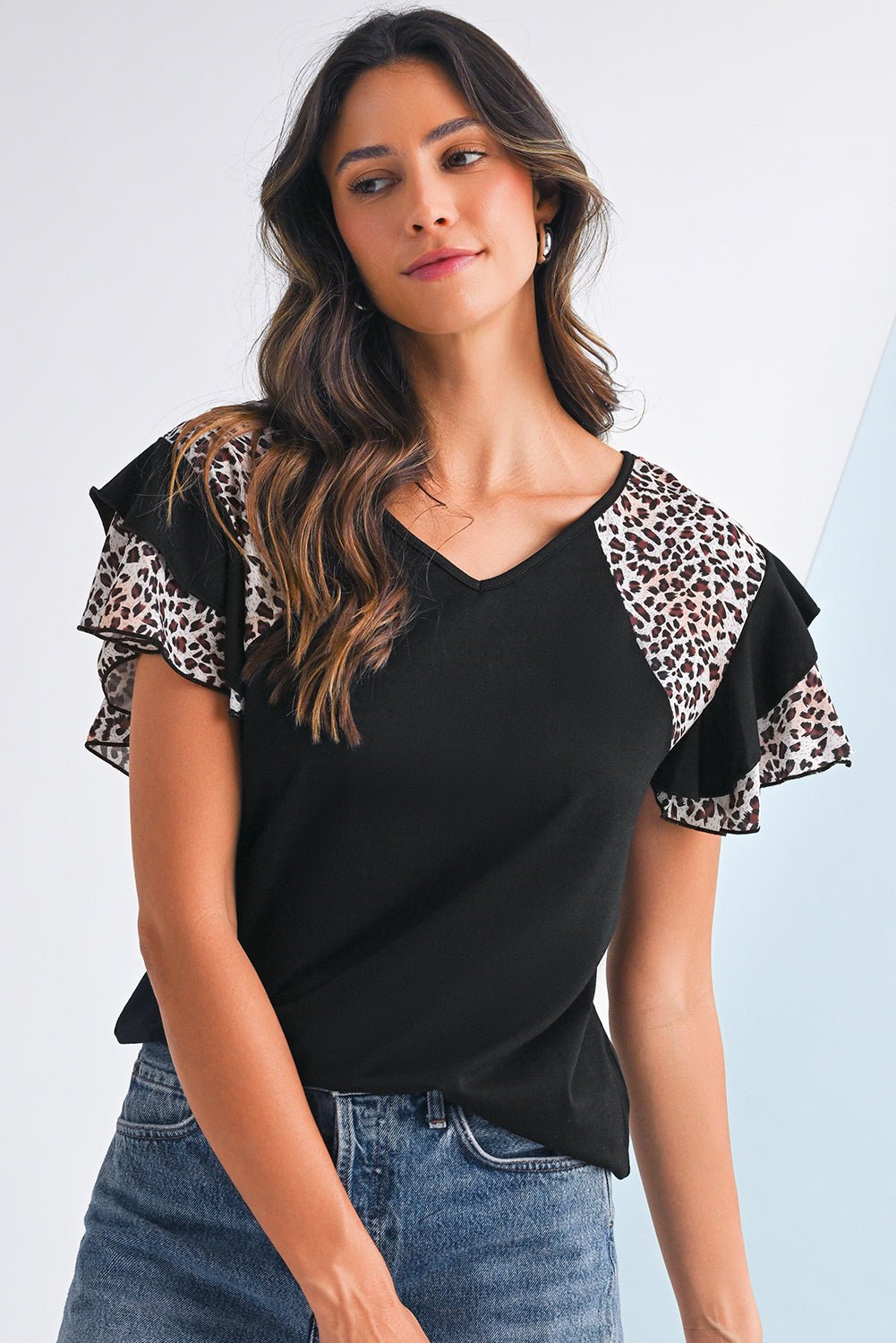 Black Leopard Print Patchwork Ruffle Sleeve V Neck Top - MAD RUFFI