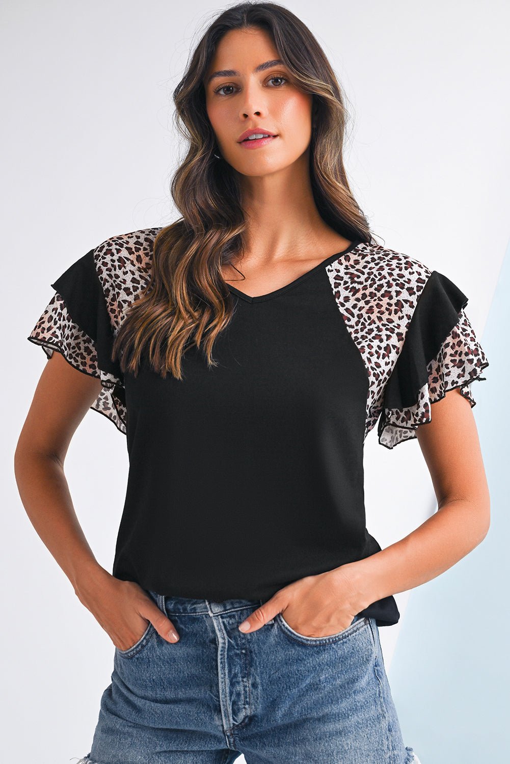 Black Leopard Print Patchwork Ruffle Sleeve V Neck Top - MAD RUFFI