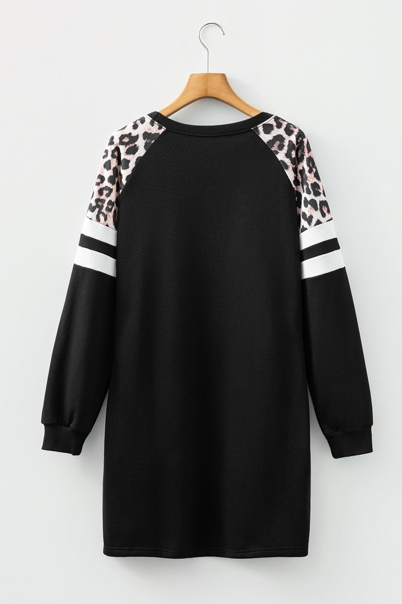 Black Leopard Print Patchwork Varsity Raglan Sleeve Sweatshirt Dress - MAD RUFFI