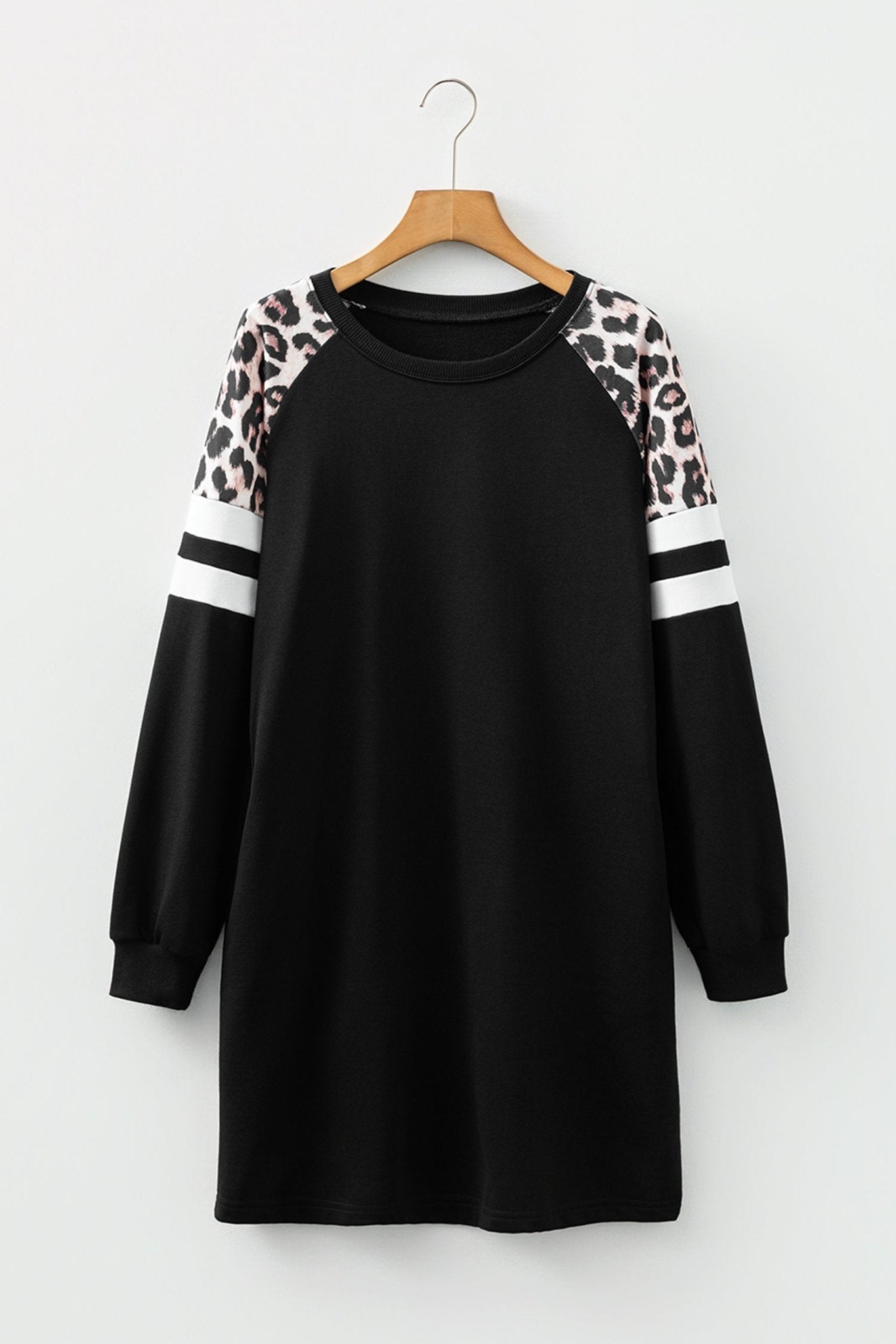 Black Leopard Print Patchwork Varsity Raglan Sleeve Sweatshirt Dress - MAD RUFFI