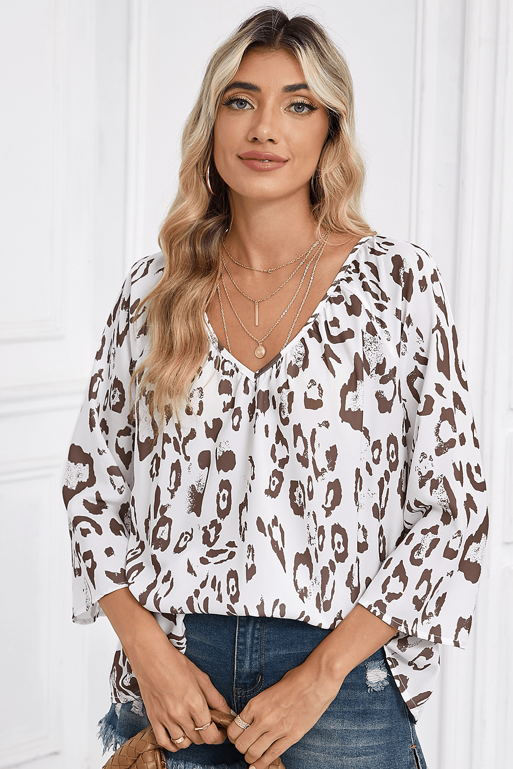 Black Leopard Print V Neck 3/4 Sleeve Blouse - MAD RUFFI
