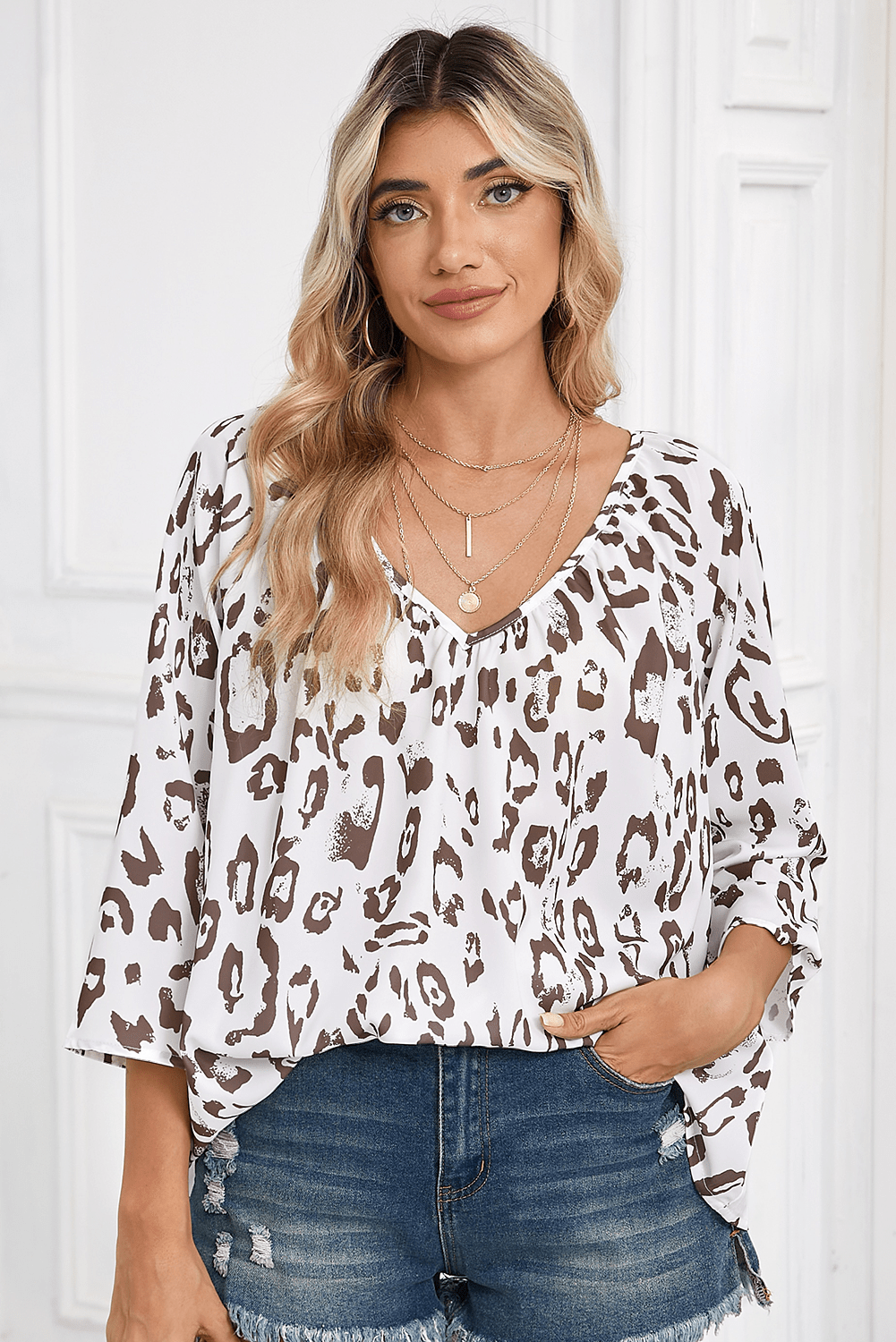 Black Leopard Print V Neck 3/4 Sleeve Blouse - MAD RUFFI