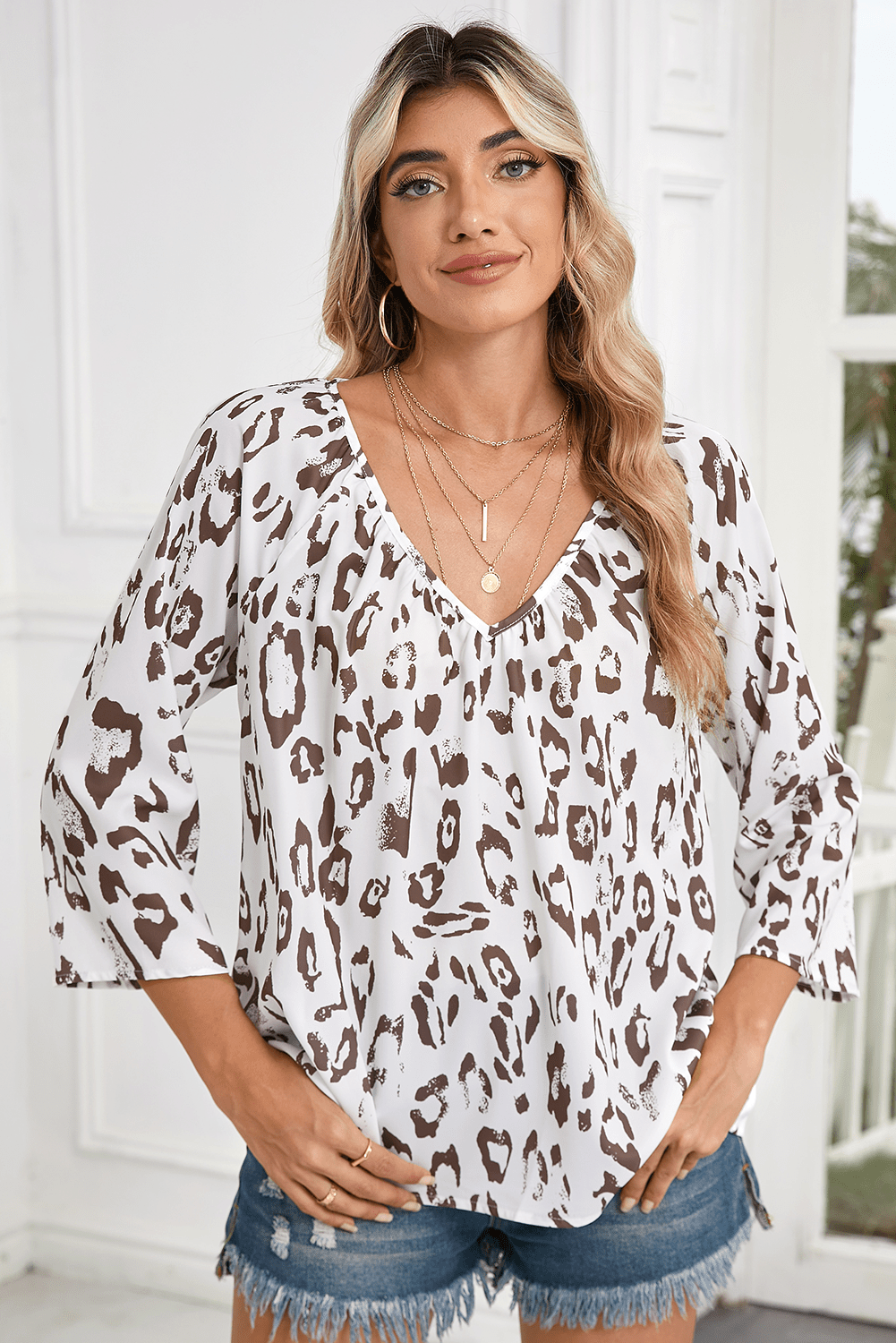 Black Leopard Print V Neck 3/4 Sleeve Blouse - MAD RUFFI