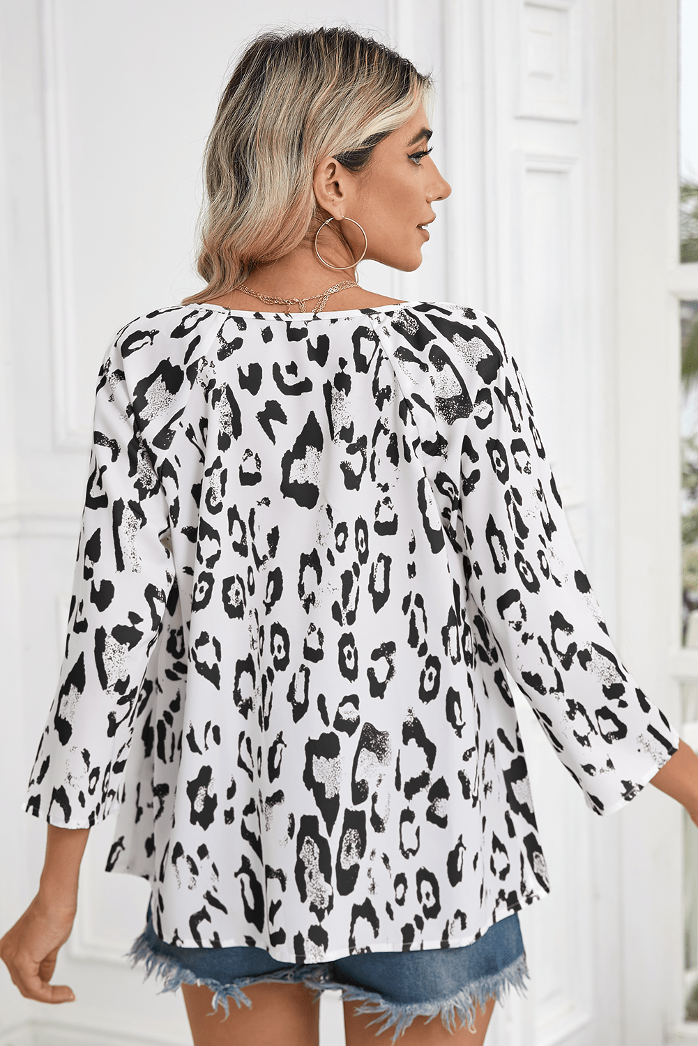 Black Leopard Print V Neck 3/4 Sleeve Blouse - MAD RUFFI