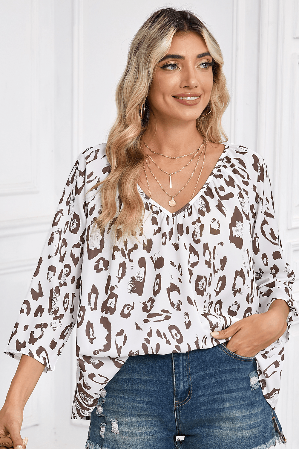 Black Leopard Print V Neck 3/4 Sleeve Blouse - MAD RUFFI