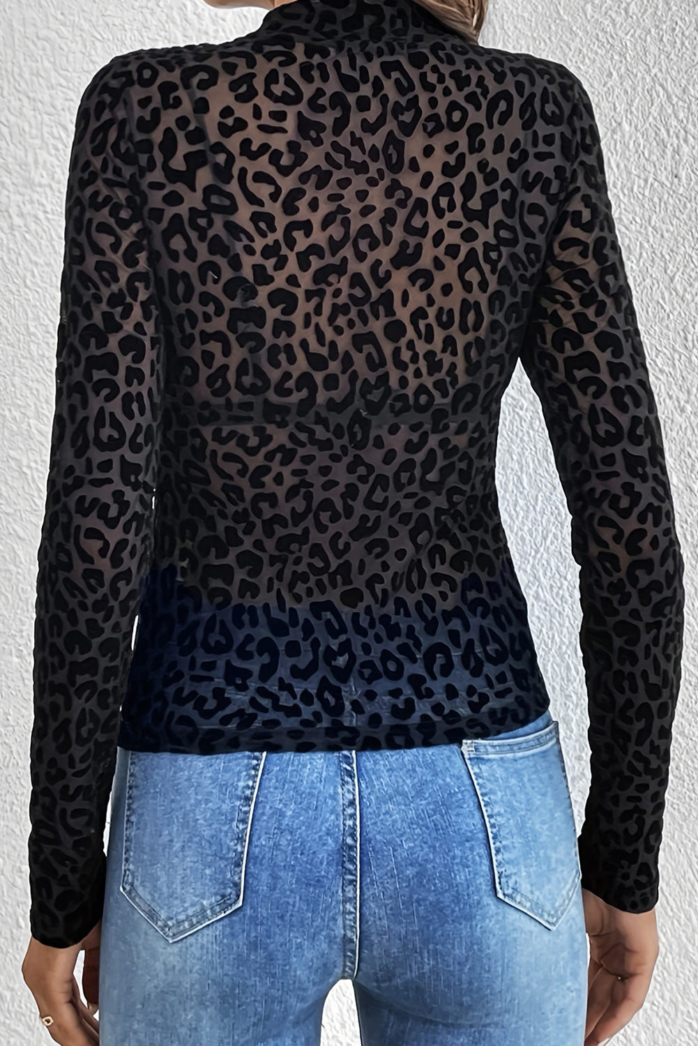 Black Leopard Stand Neck Sexy Long Sleeve Mesh Top - Bodysuit