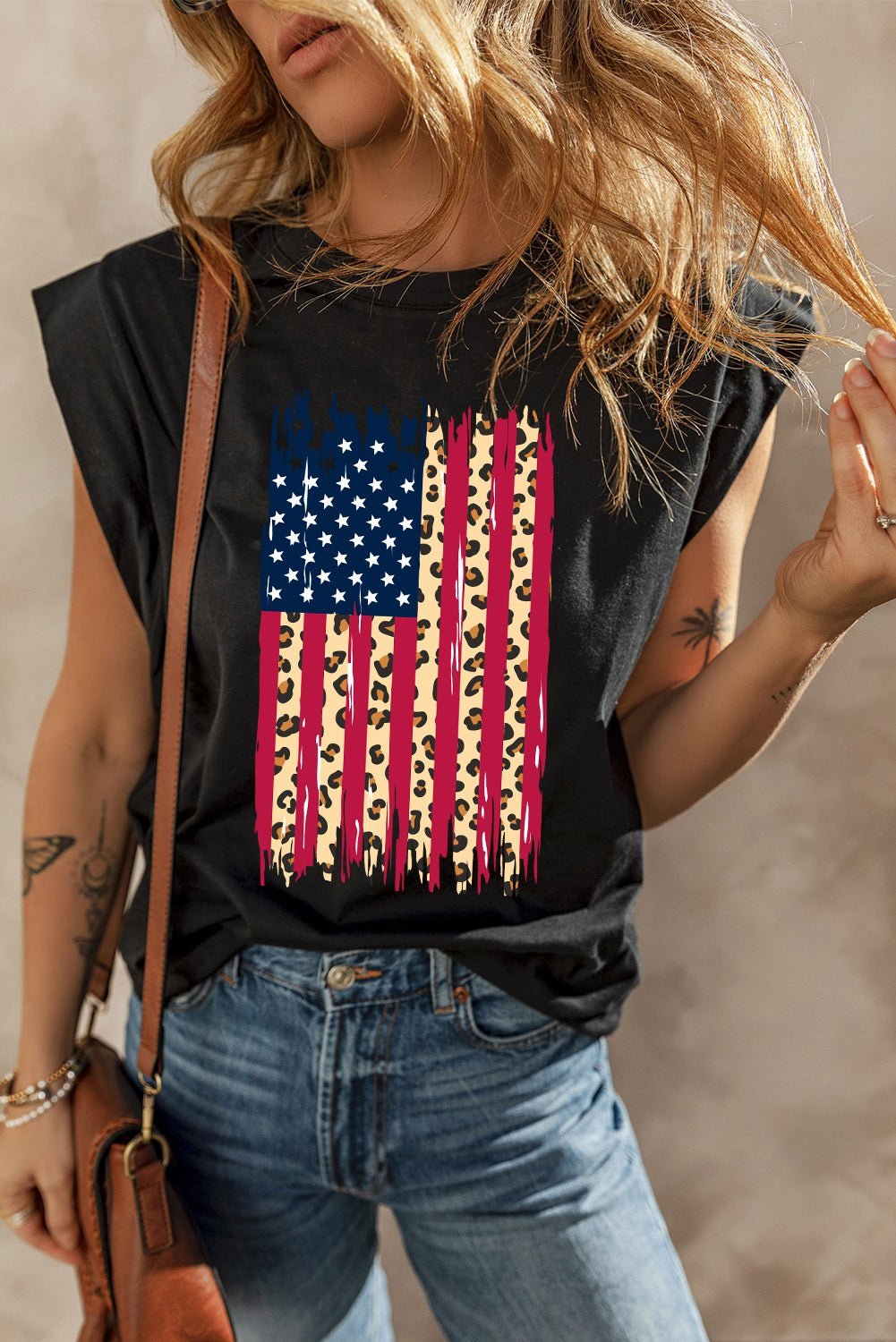 Black Leopard USA Flag Printed Sleeveless Cotton Top - MAD RUFFI