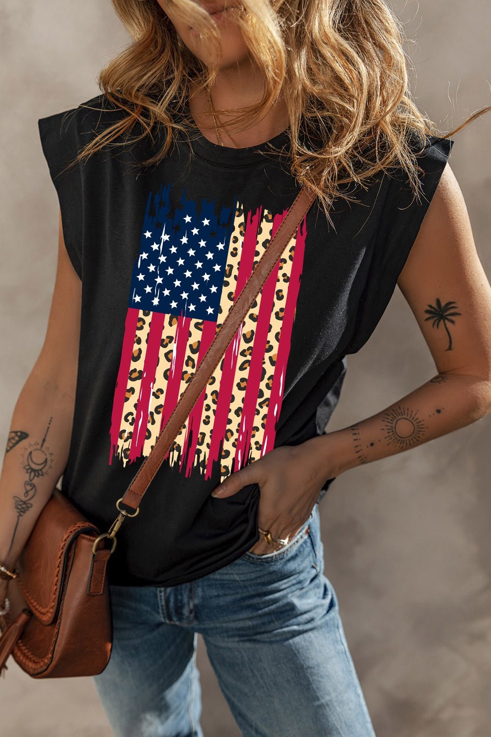 Black Leopard USA Flag Printed Sleeveless Cotton Top - MAD RUFFI