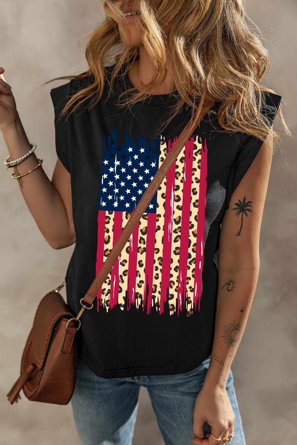 Black Leopard USA Flag Printed Sleeveless Cotton Top - MAD RUFFI