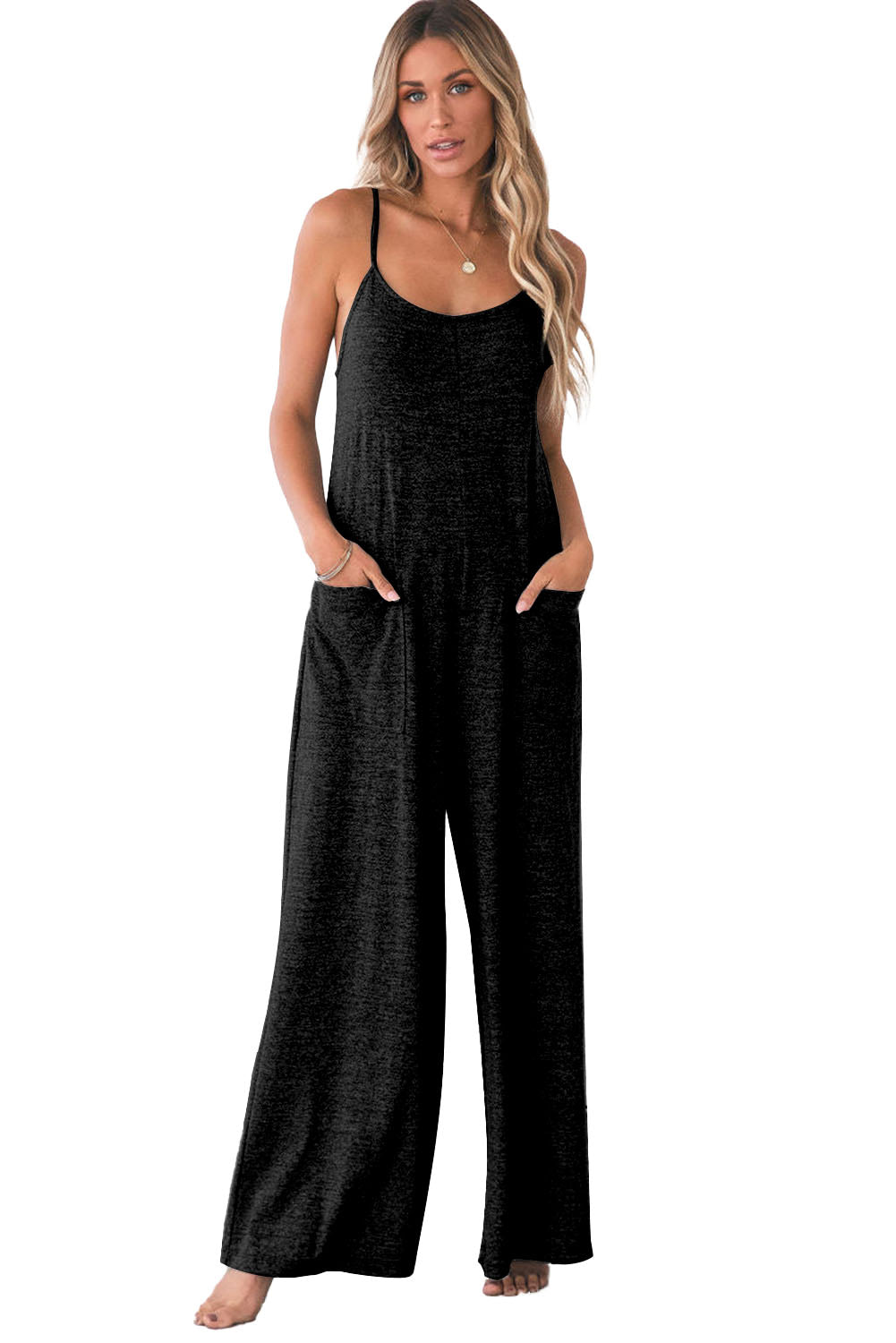 Black Loose Fit Side Pockets Spaghetti Strap Wide Leg Jumpsuit - MAD RUFFI