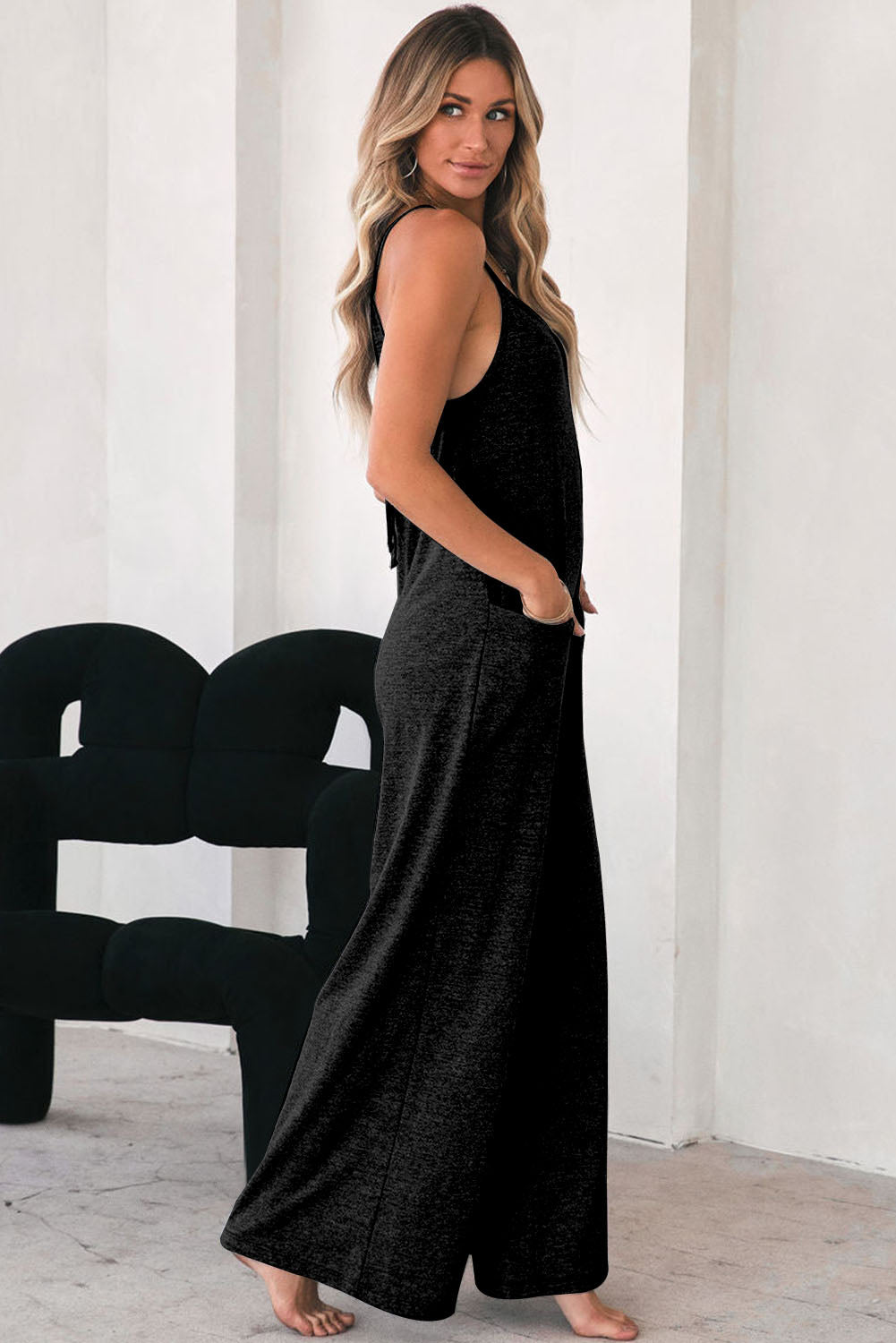 Black Loose Fit Side Pockets Spaghetti Strap Wide Leg Jumpsuit - MAD RUFFI