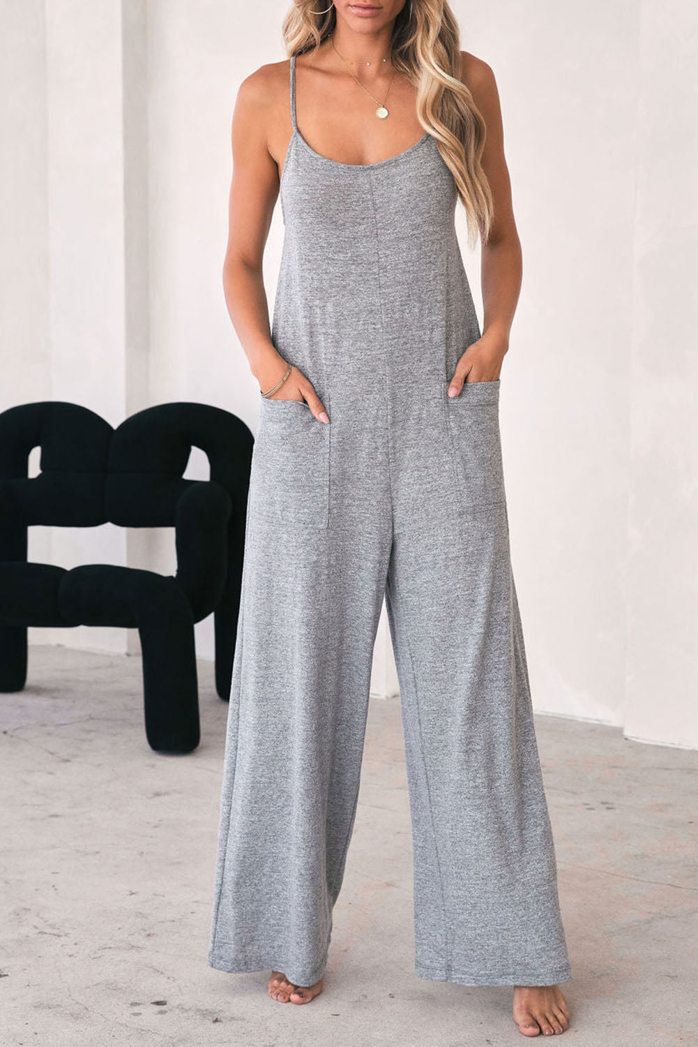 Black Loose Fit Side Pockets Spaghetti Strap Wide Leg Jumpsuit - MAD RUFFI