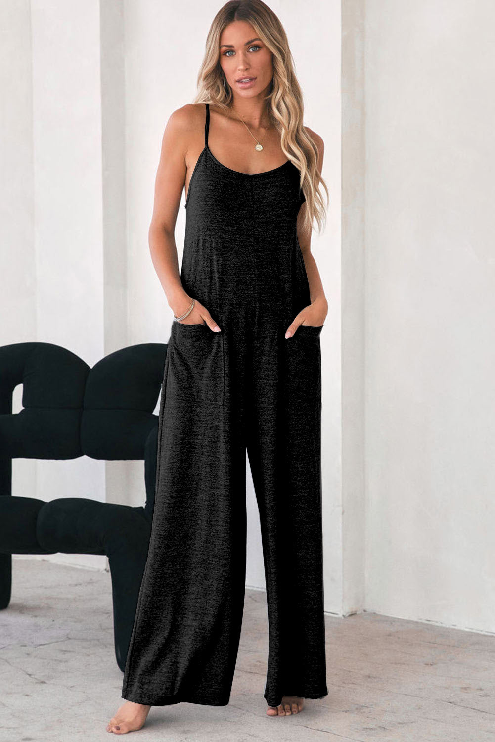 Black Loose Fit Side Pockets Spaghetti Strap Wide Leg Jumpsuit - MAD RUFFI