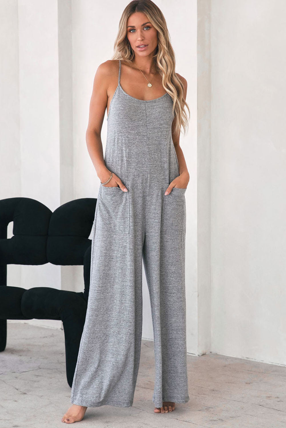 Black Loose Fit Side Pockets Spaghetti Strap Wide Leg Jumpsuit - MAD RUFFI