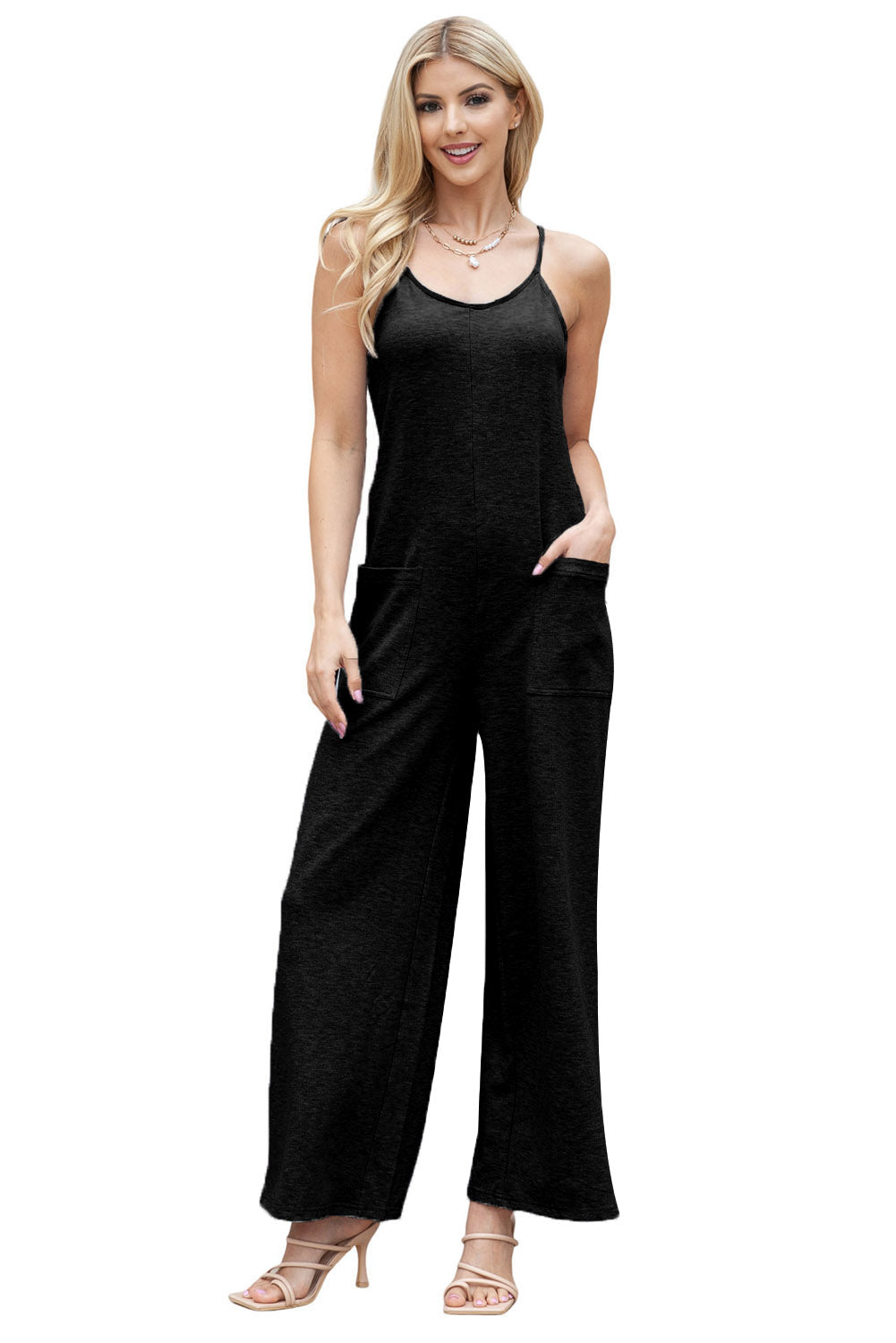 Black Loose Fit Side Pockets Spaghetti Strap Wide Leg Jumpsuit - MAD RUFFI