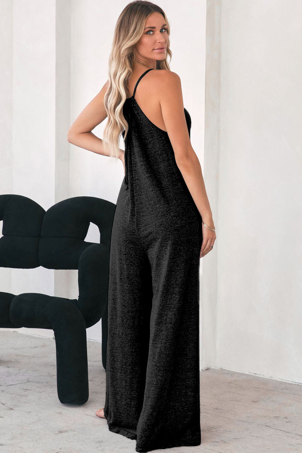 Black Loose Fit Side Pockets Spaghetti Strap Wide Leg Jumpsuit - MAD RUFFI