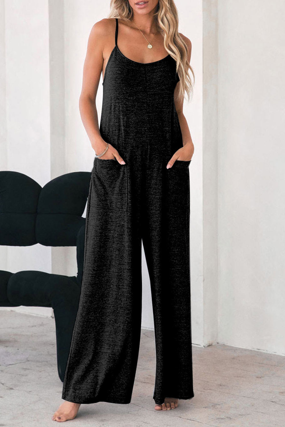 Black Loose Fit Side Pockets Spaghetti Strap Wide Leg Jumpsuit - MAD RUFFI