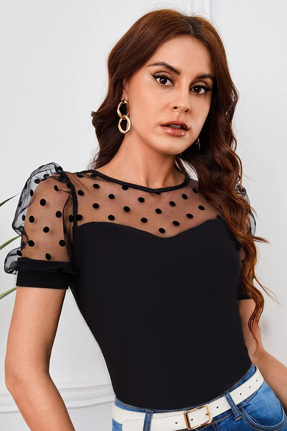 Black Mesh Polka Dot Puff Sleeve Blouse - MAD RUFFI