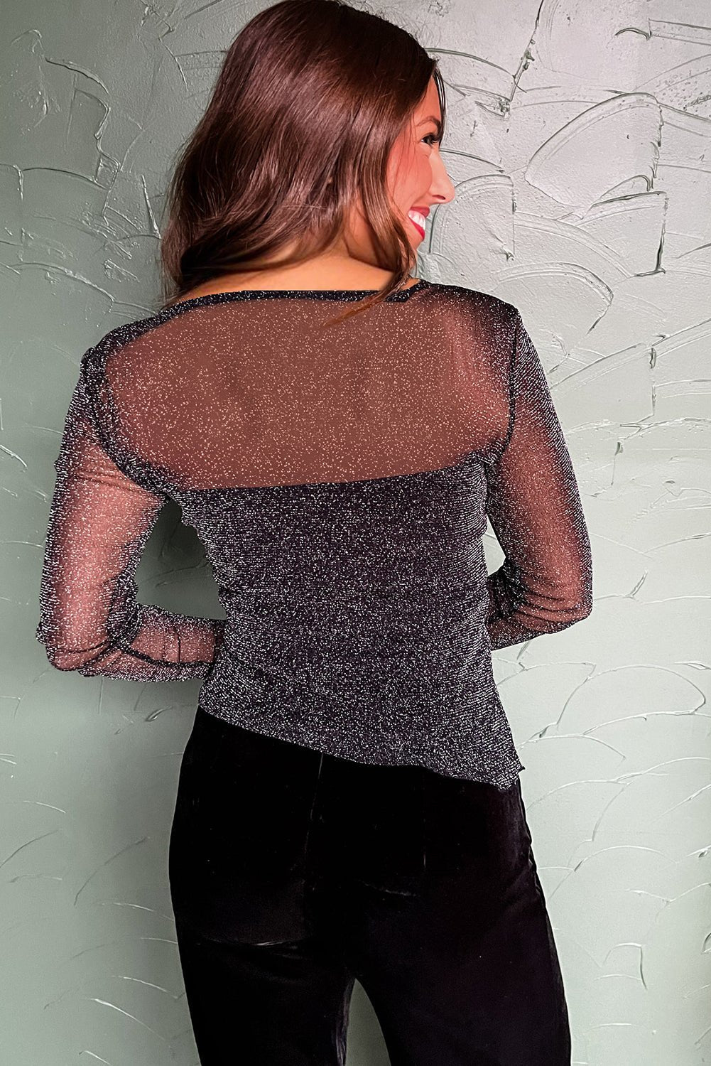 Black Metallic Glitter Mesh Long Sleeve Top - MAD RUFFI