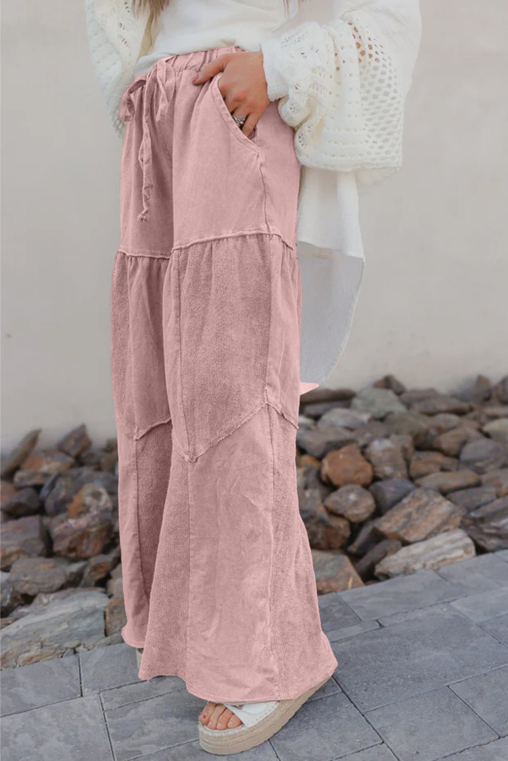 Black Mineral Wash Tiered Wide Leg Patchwork Drawstring Pants - MAD RUFFI