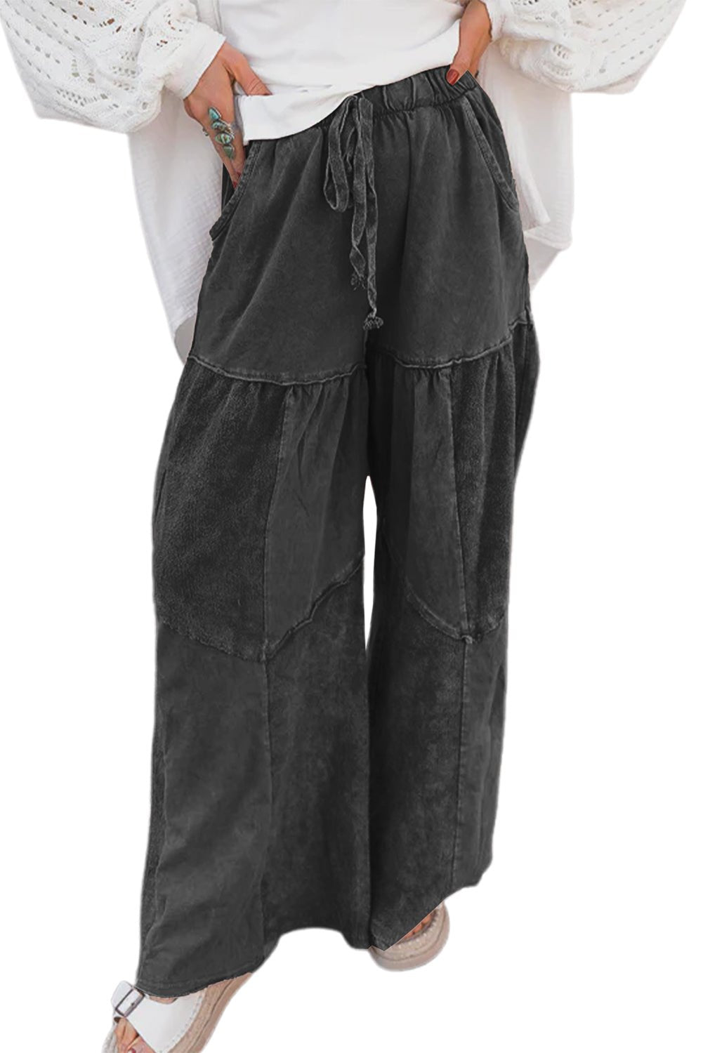 Black Mineral Wash Tiered Wide Leg Patchwork Drawstring Pants - MAD RUFFI